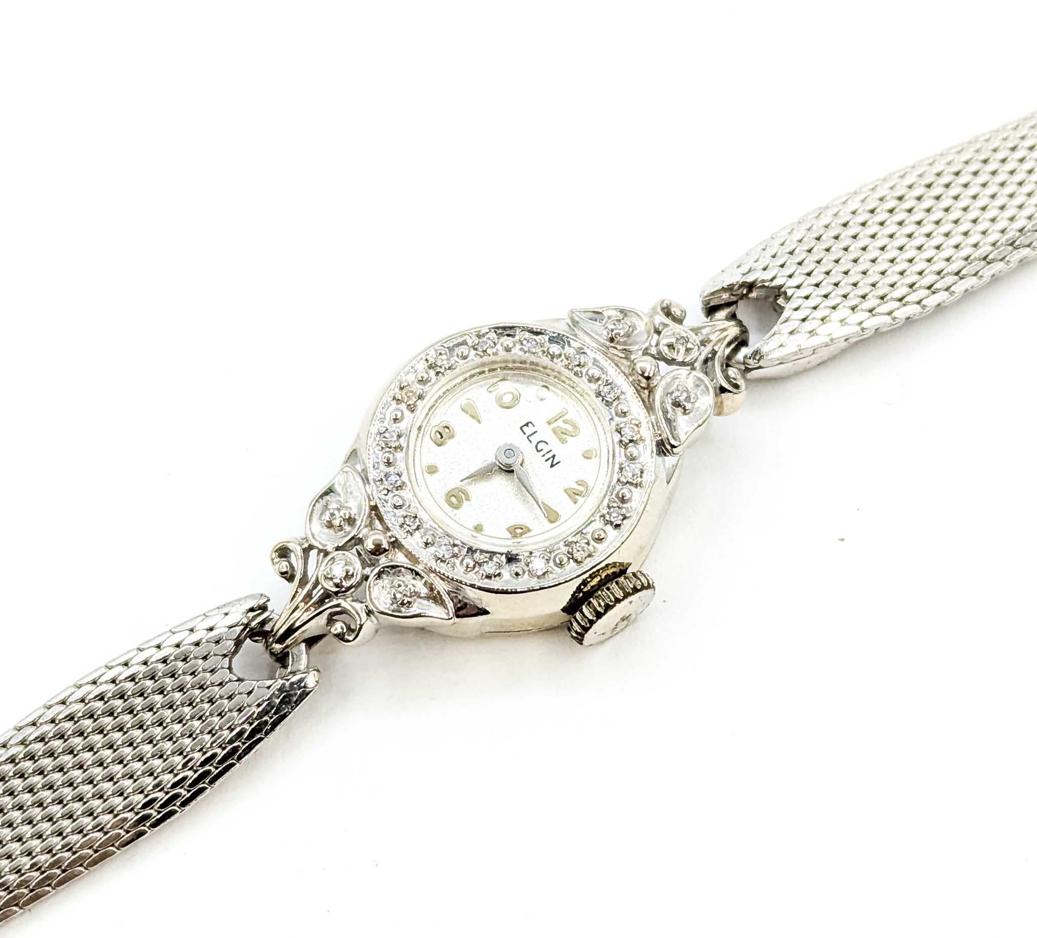 Donna Eleg Elgin Orologio da polso a carica automatica in oro bianco 14k con diamanti in vendita