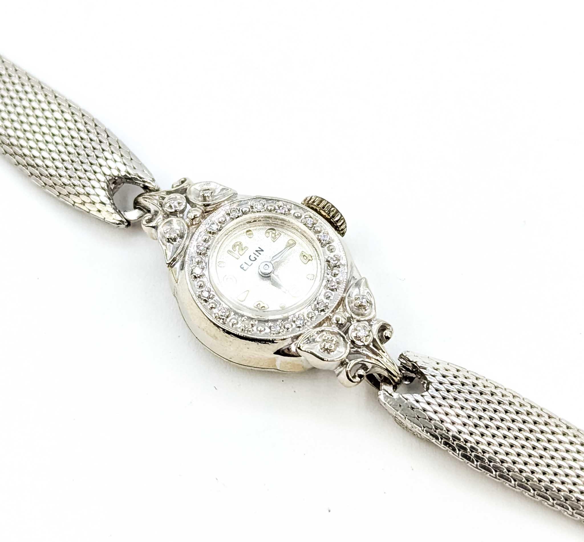 Eleg Elgin Orologio da polso a carica automatica in oro bianco 14k con diamanti in vendita 1