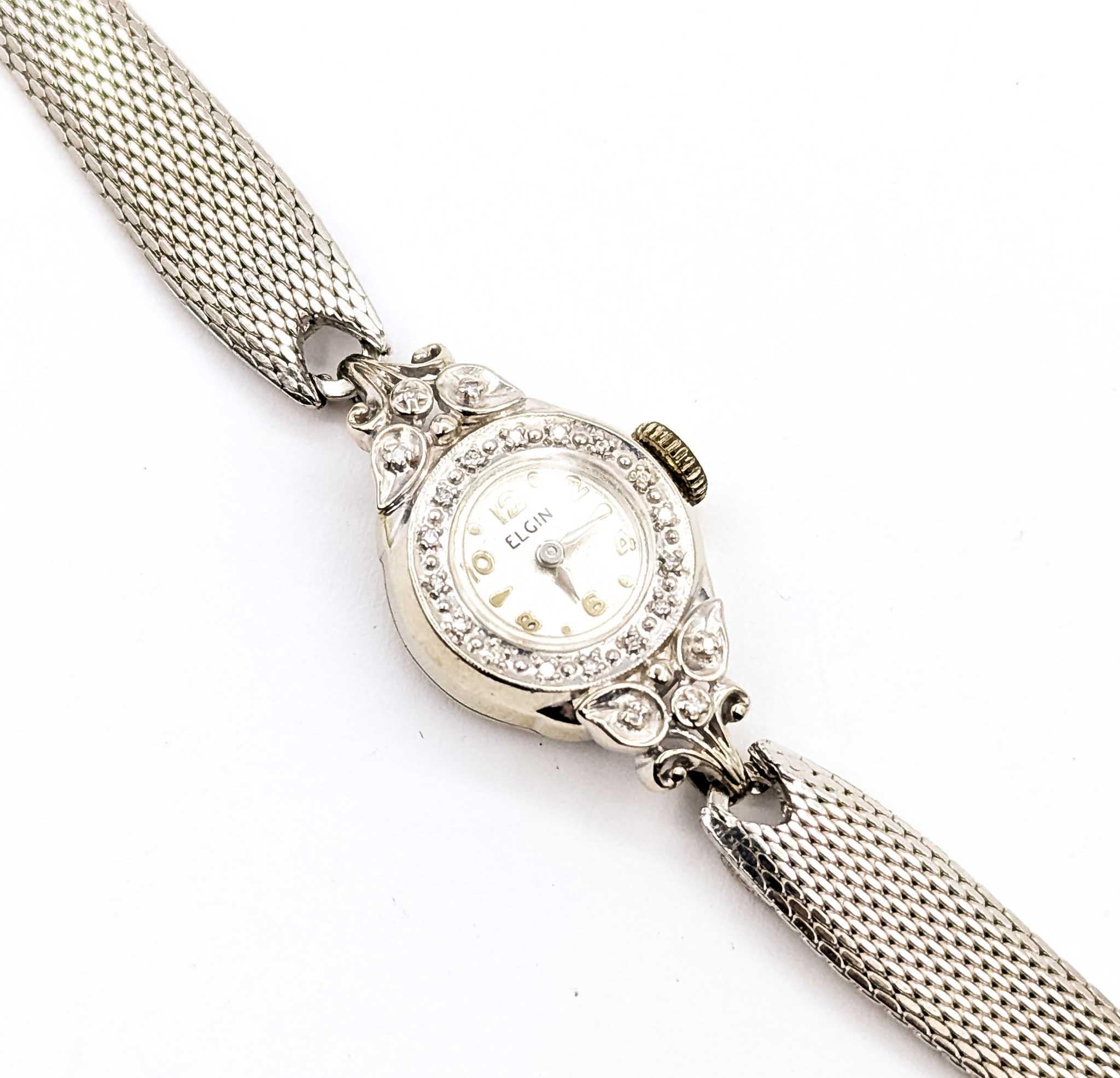 Eleg Elgin Orologio da polso a carica automatica in oro bianco 14k con diamanti in vendita 2