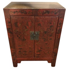 Antique Elegant Elm Chinese 19th Century Red & Gold Cabinet