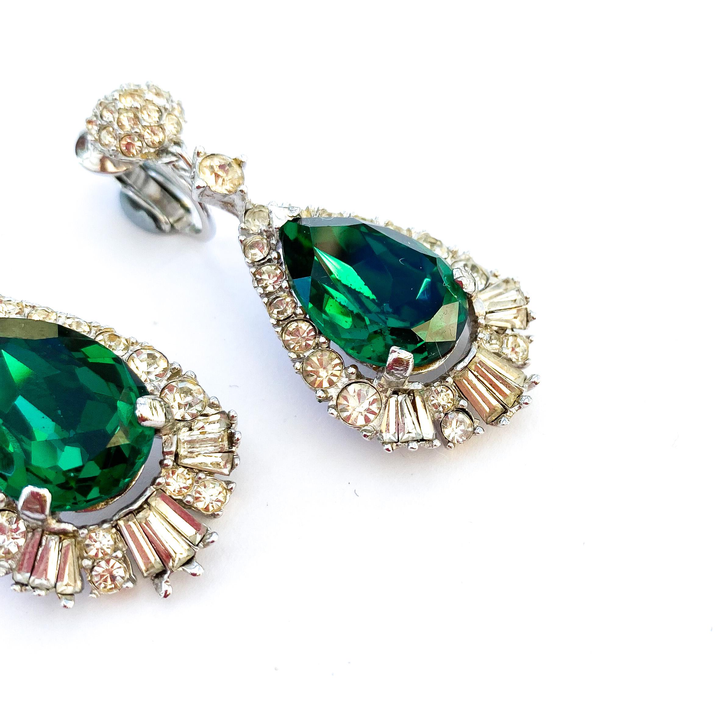 Emerald Cut Elegant emerald and clear paste drop earrings, Marcel Boucher, 1960s, USA.