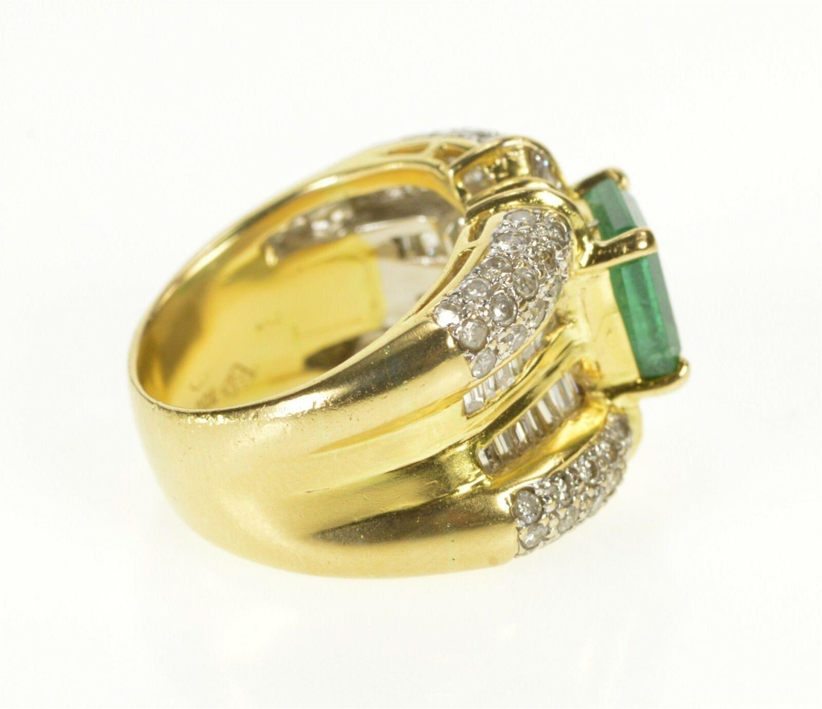 Elegant  Emerald & Diamond Ring with over 4 ctw of emerald and diamond. Currently a size 6.25 crafted with 14 grams of 18k yellow gold. 

Gem Stone:  1.75 Ctw=100x Baguette & Round Diamond

Center Gem Stone:  2.35 Ct Natural Emerald Cut Emerald