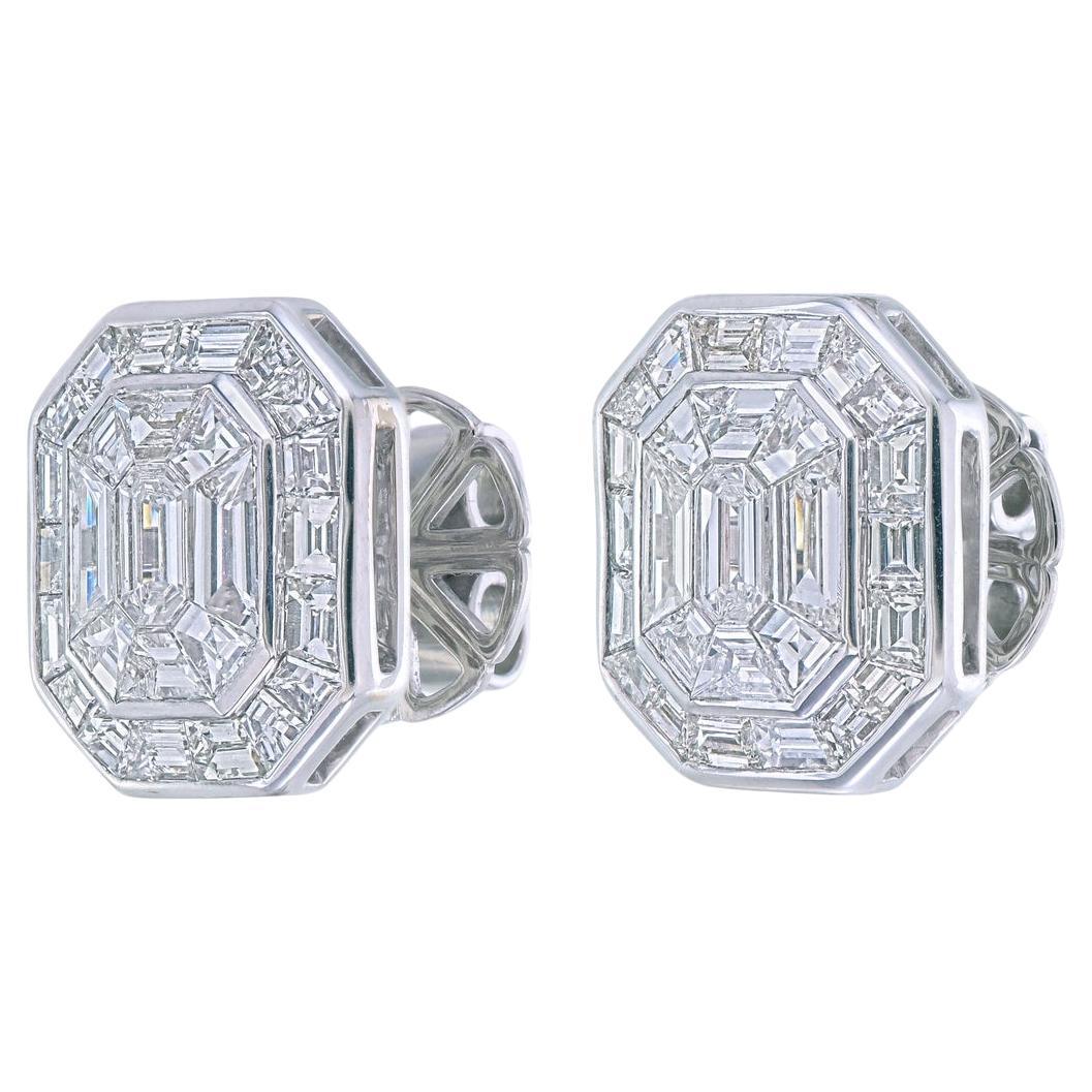 Cette paire de boucles d'oreilles est composée de diamants de forme mixte en serti composite donnant l'impression d'une paire de 6 carats au centre et d'un halo de baguettes de forme fantaisie en serti invisible qui ajoute du luxe à la paire.
Les