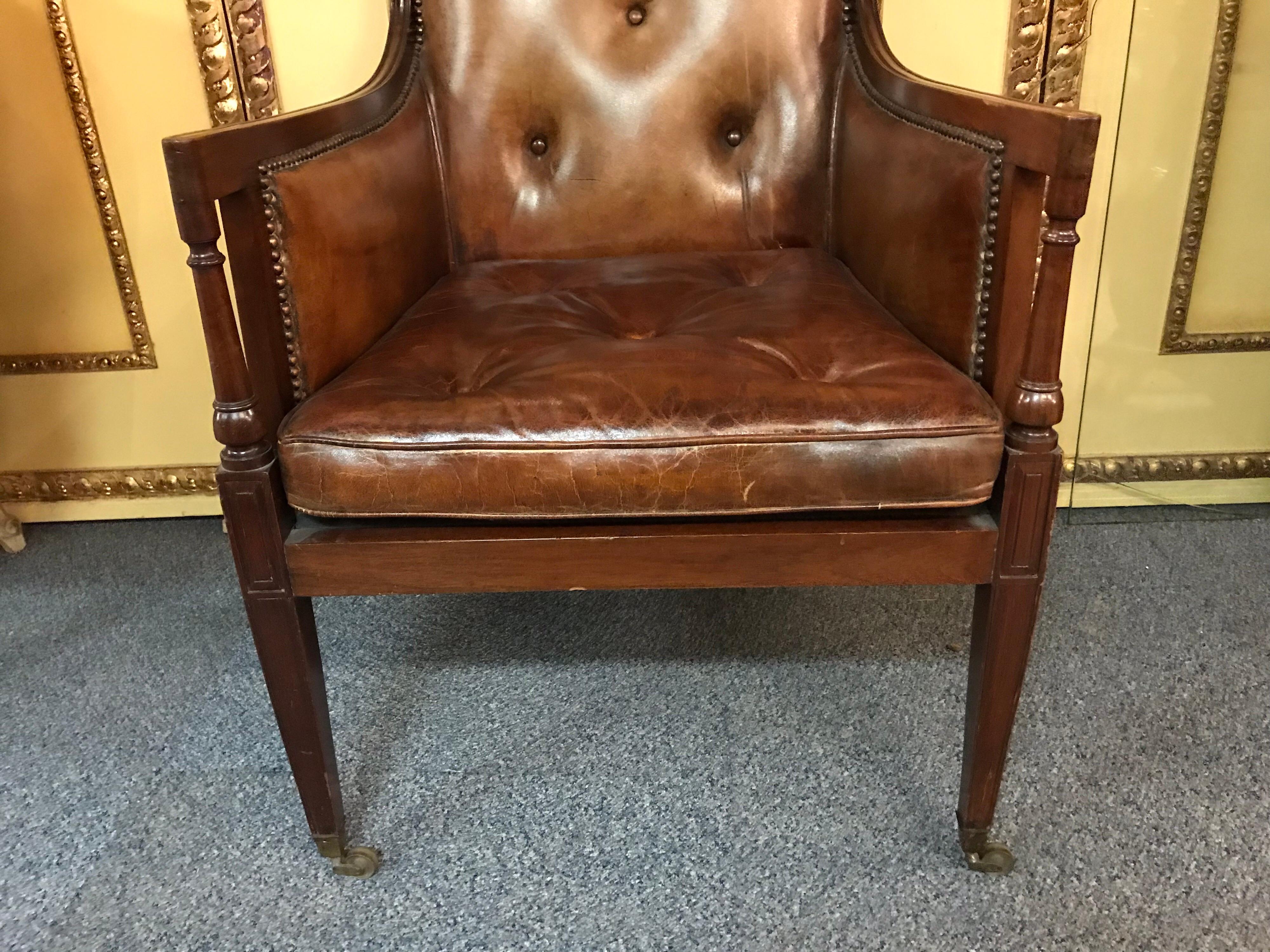 Leather Elegant Empire Armchair / Lounge Chair, England Victorian Mahogany