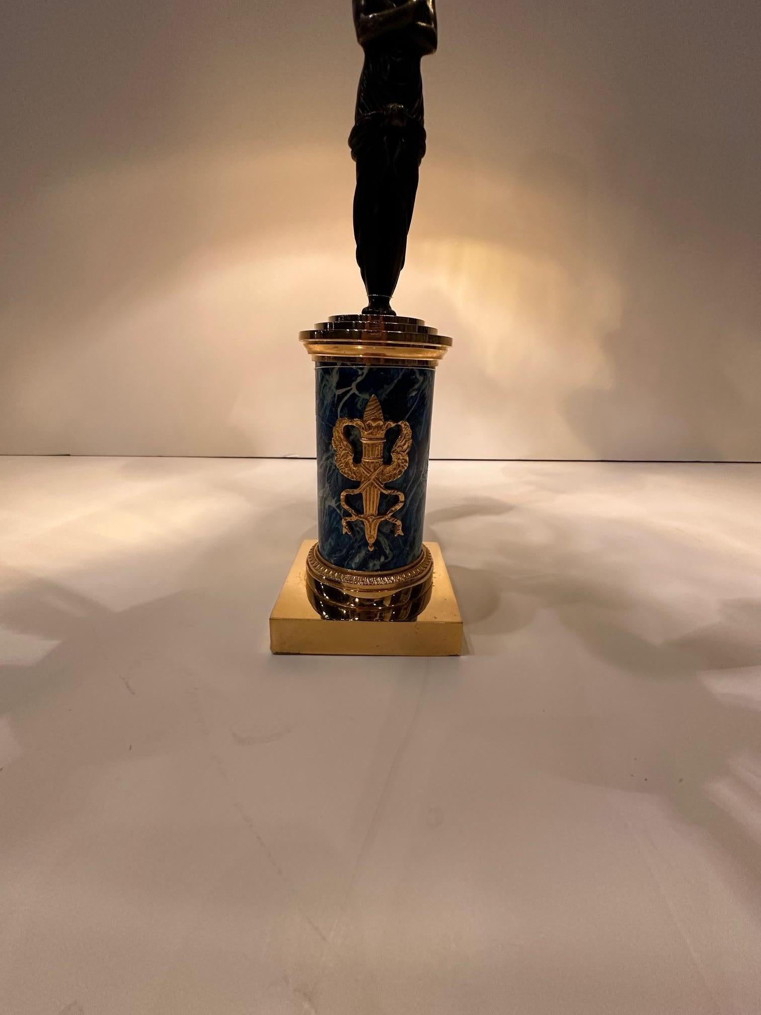 Elegante figurale Tischlampe im Empire-Stil aus vergoldeter und patinierter Bronze im Angebot 5