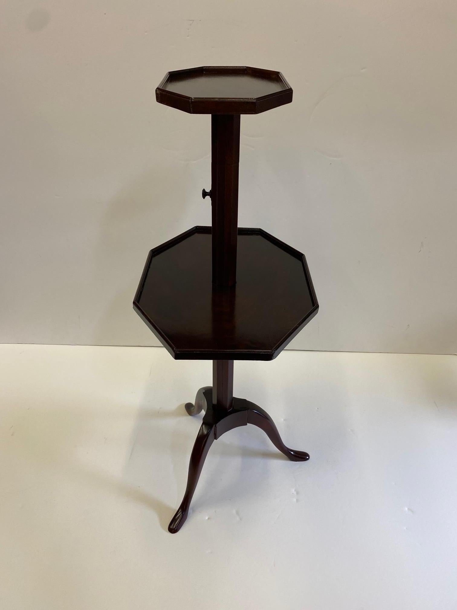 An elegant antique mahogany side table having a lovely unusual shape with two tiers of octagonal surfaces and pretty tripod legs. Table is adjustable.
Measures: Closed 31.5 H fully extended 35.5
Base is 16 W, 13 D
Large shelf 16 x 12
Small shelf