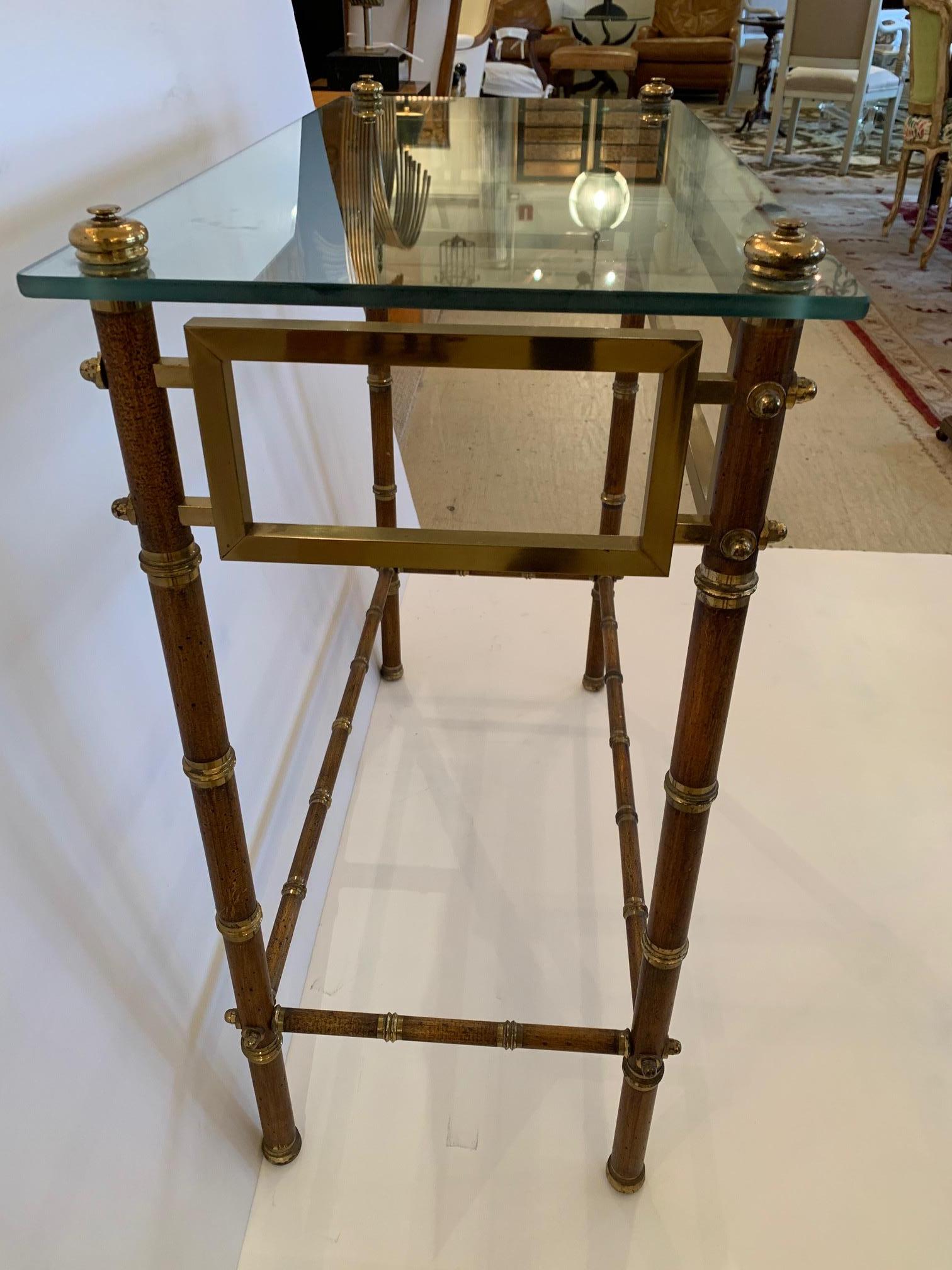 Mid-20th Century Elegant English Brass and Glass Faux Bamboo Style Console Table