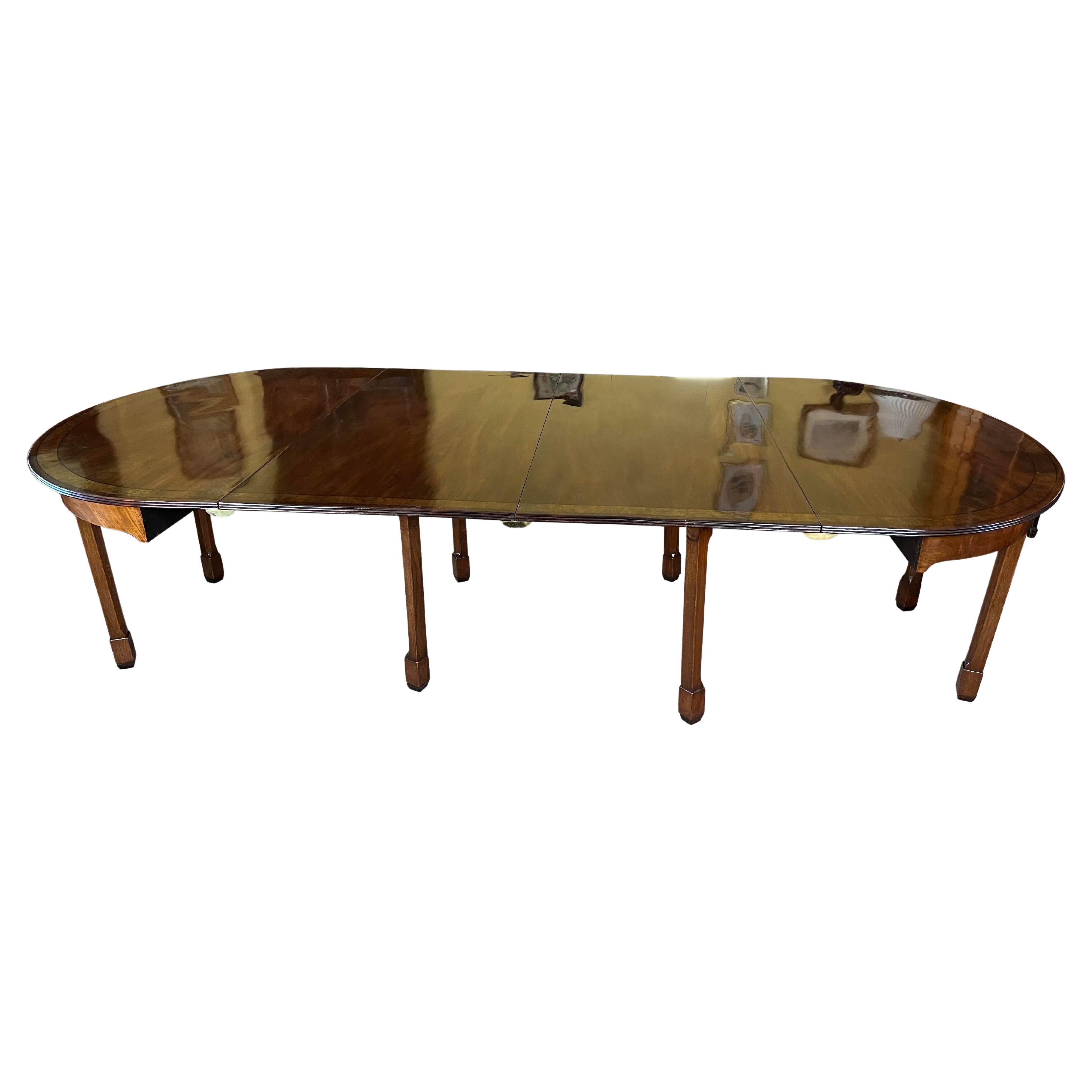 Elegant English Cross Banded Inlaid Mahogany Dining Table with Leaves