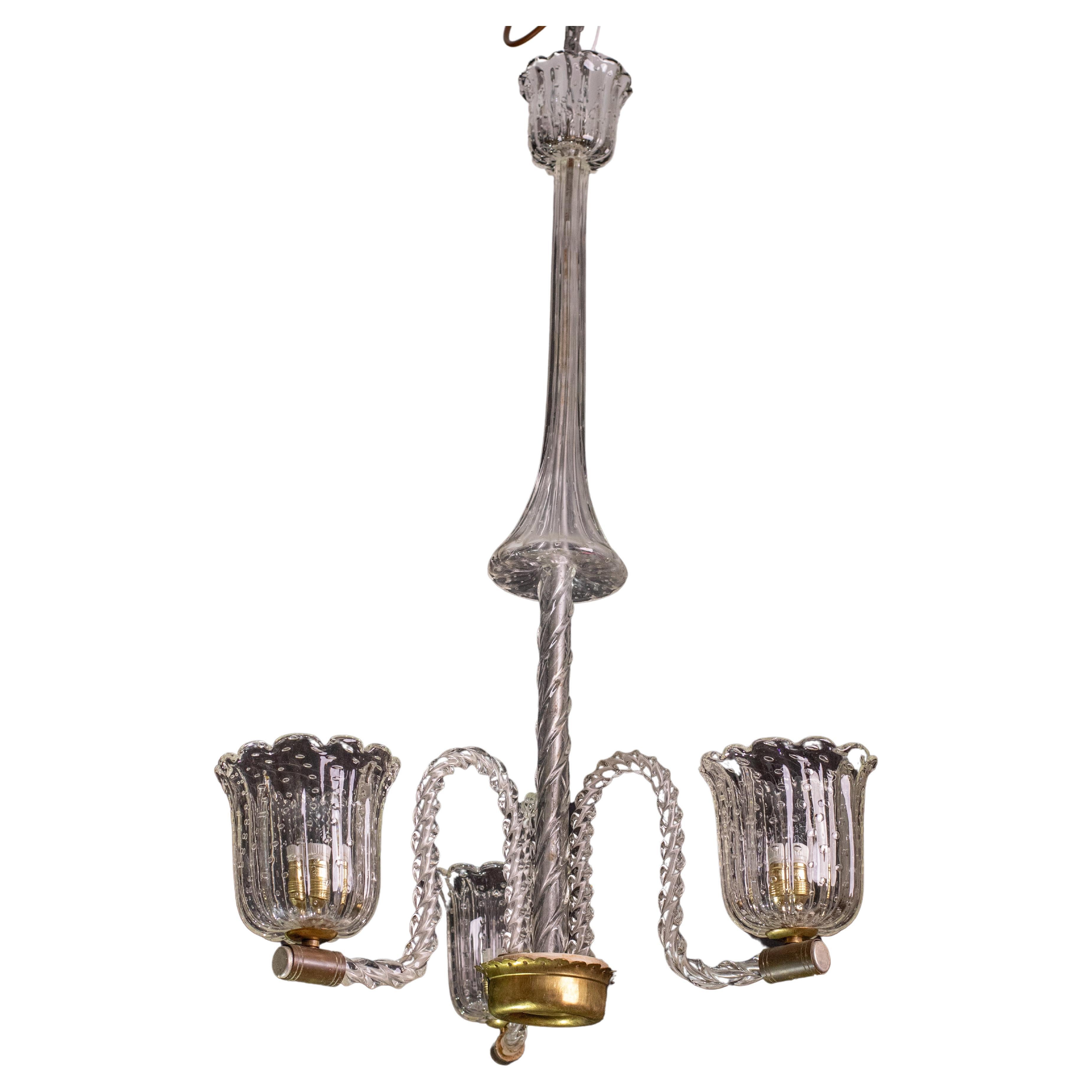 Elegant Ercole Barovier Art Deco Chandelier, "Bullicante" Glass Murano, 1940s For Sale