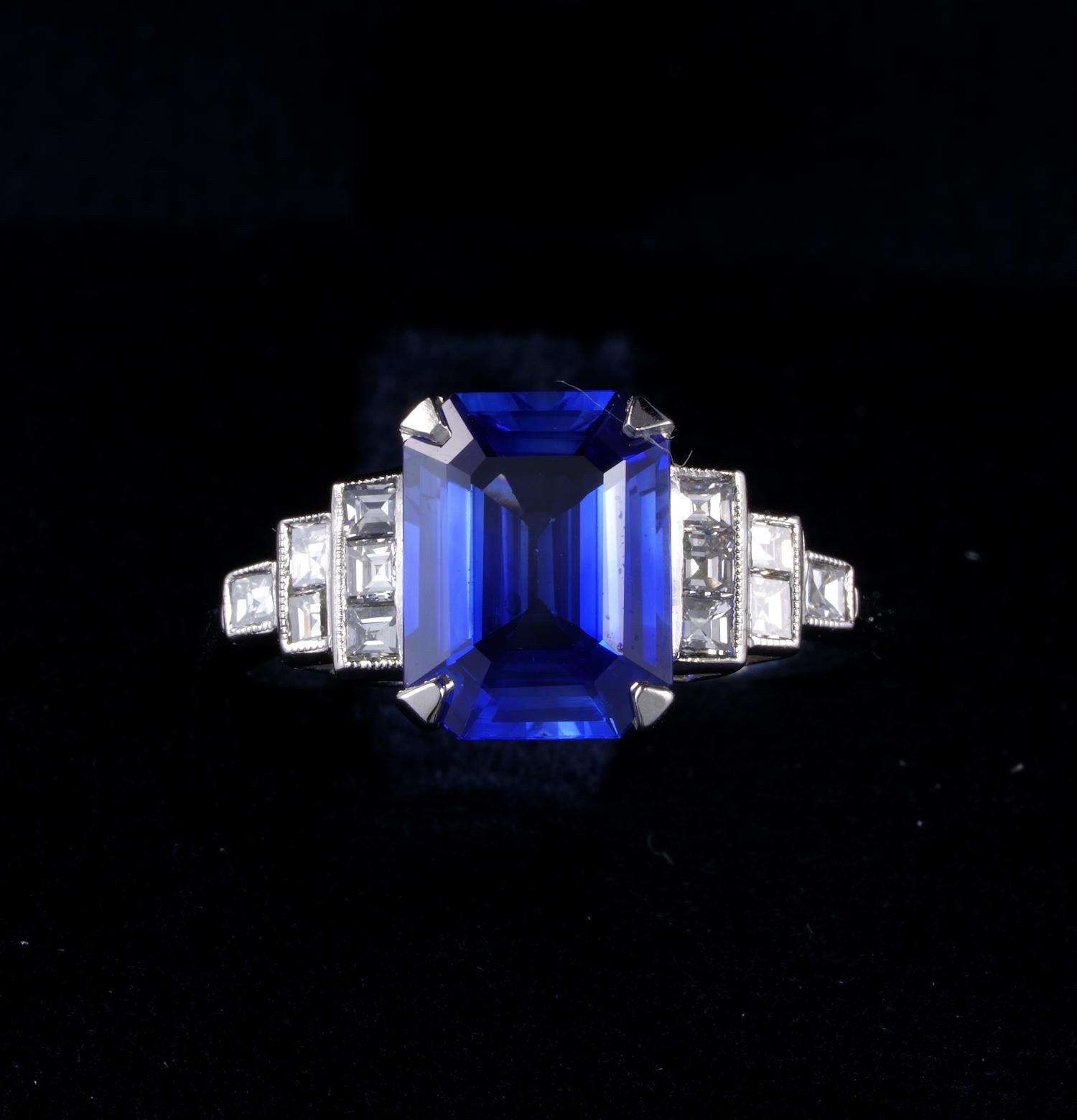 Blue Impact

Striking Estate Natural Sapphire Diamond ring presented in a superb ever loved style, sleek, elegant design of easy engagement wear
Platinum individually hand crafted to the highest standards with the main Emerald at peak and Diamonds