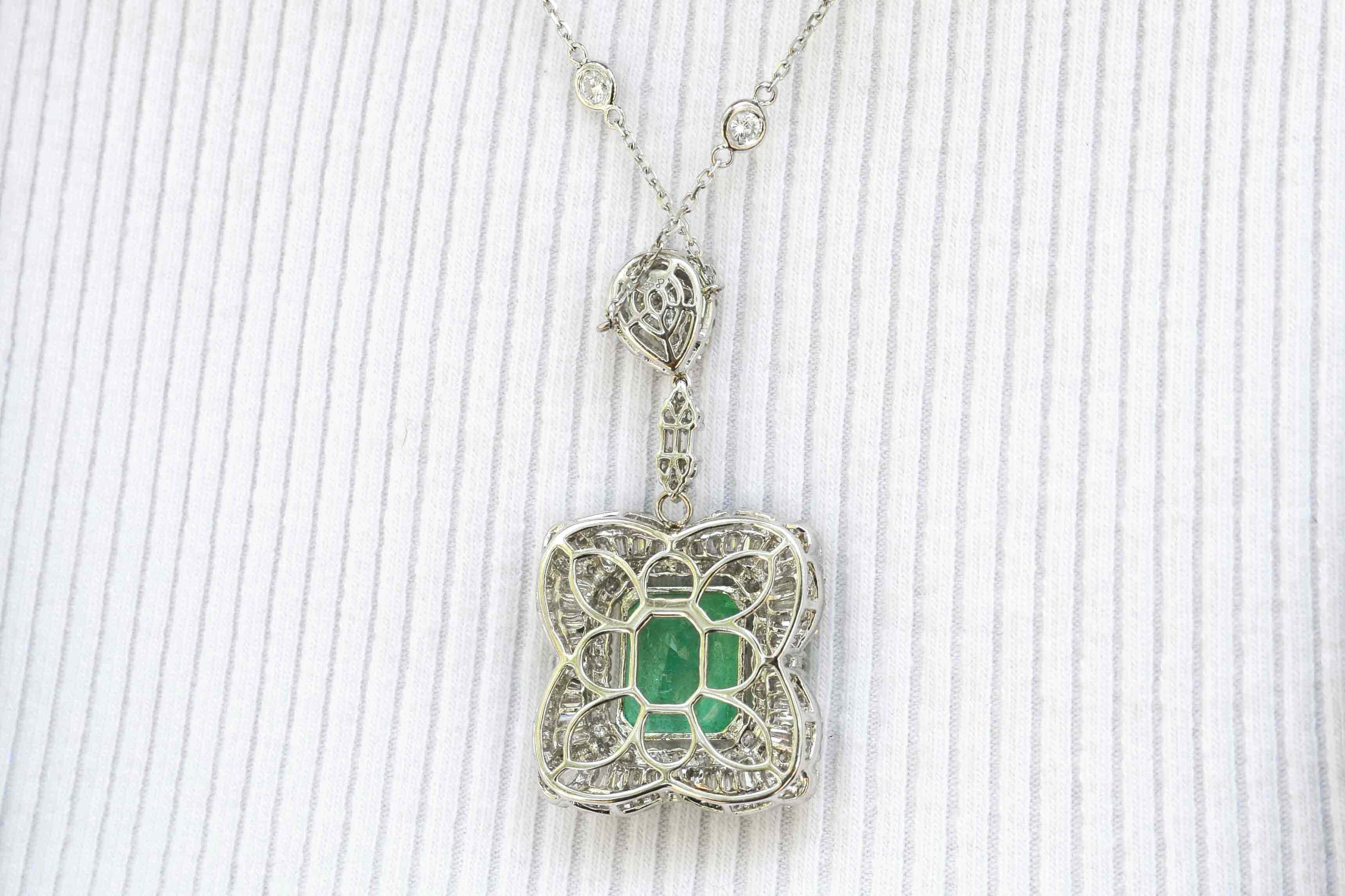 Emerald Cut Elegant Estate Emerald & Diamond Pendant Necklace Over 10 Carats For Sale