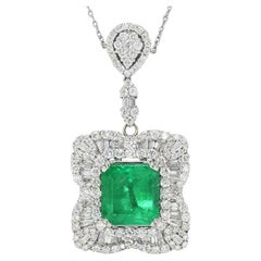 Elegant Estate Emerald & Diamond Pendant Necklace Over 10 Carats