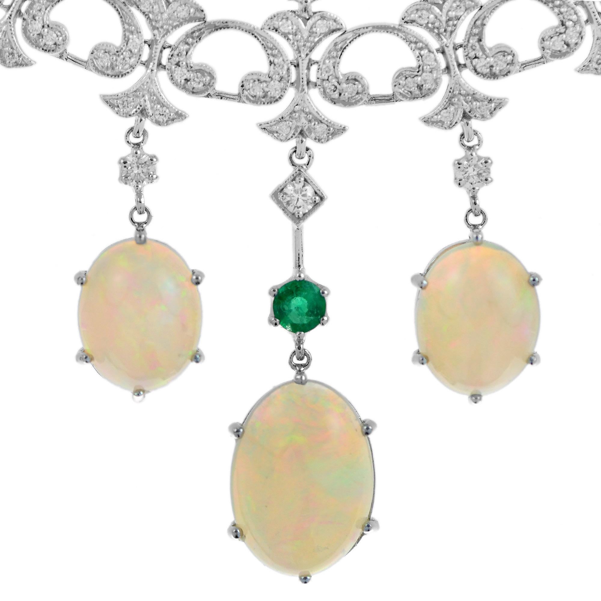The design of the necklace represent the style of the Victorian era with its complex, intricate detailing designs and graduating fringes. The main feature on the necklace is oval shaped Australian opals. The total of 54.44 carats opal in this