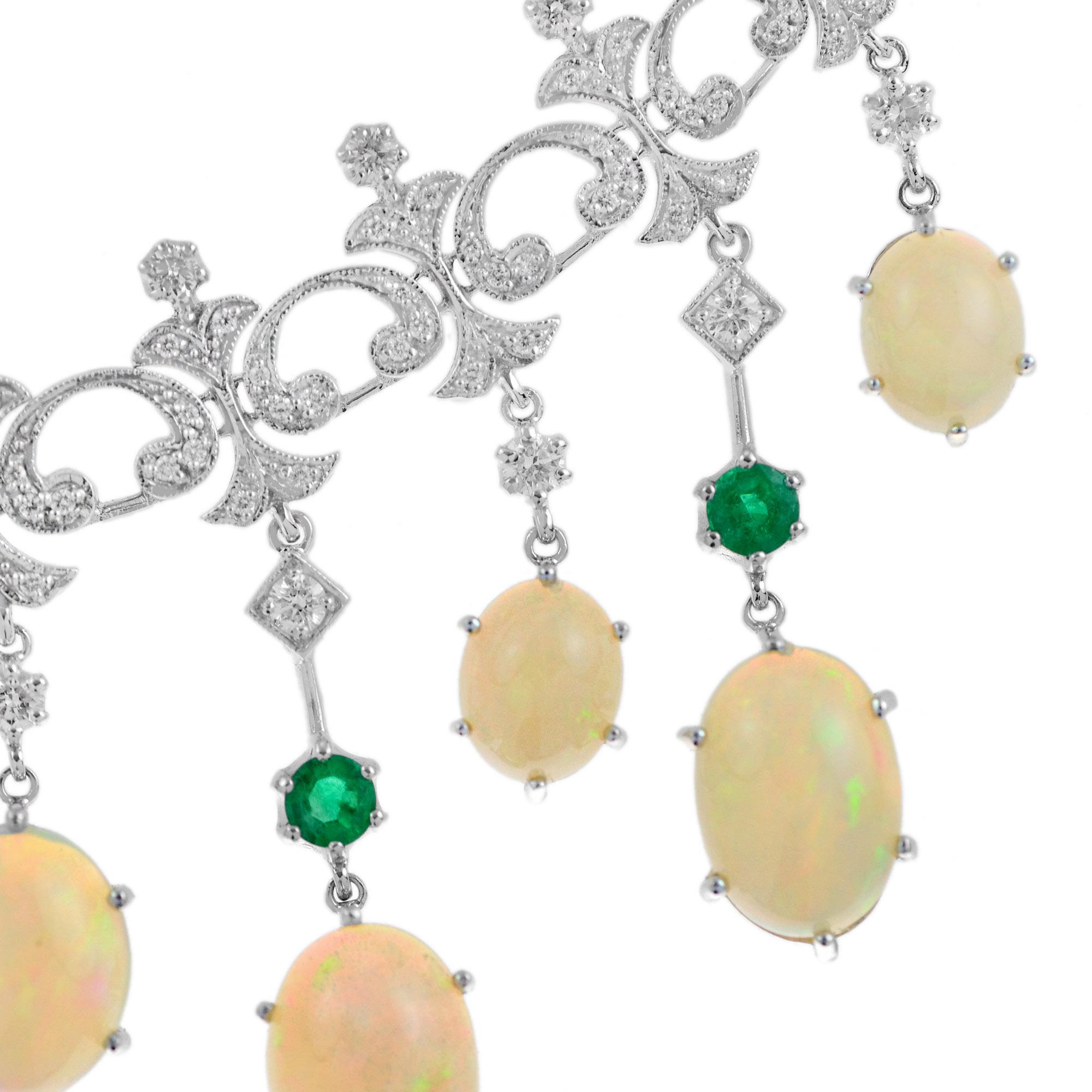 Oval Cut Elegant Ethiopian Opal Emerald Diamond Victorian Style Necklace in 18K Gold