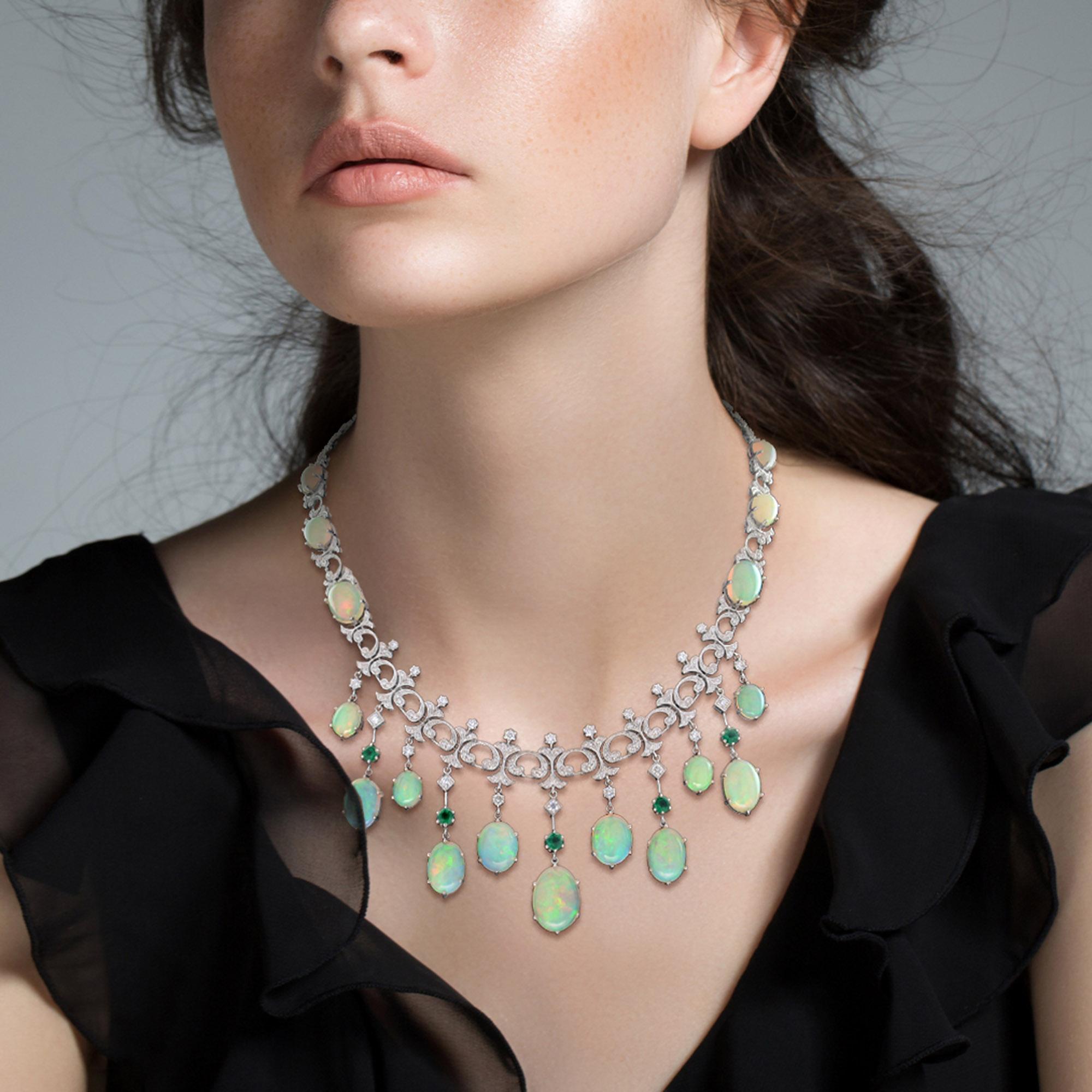 Elegant Ethiopian Opal Emerald Diamond Victorian Style Necklace in 18K Gold 3