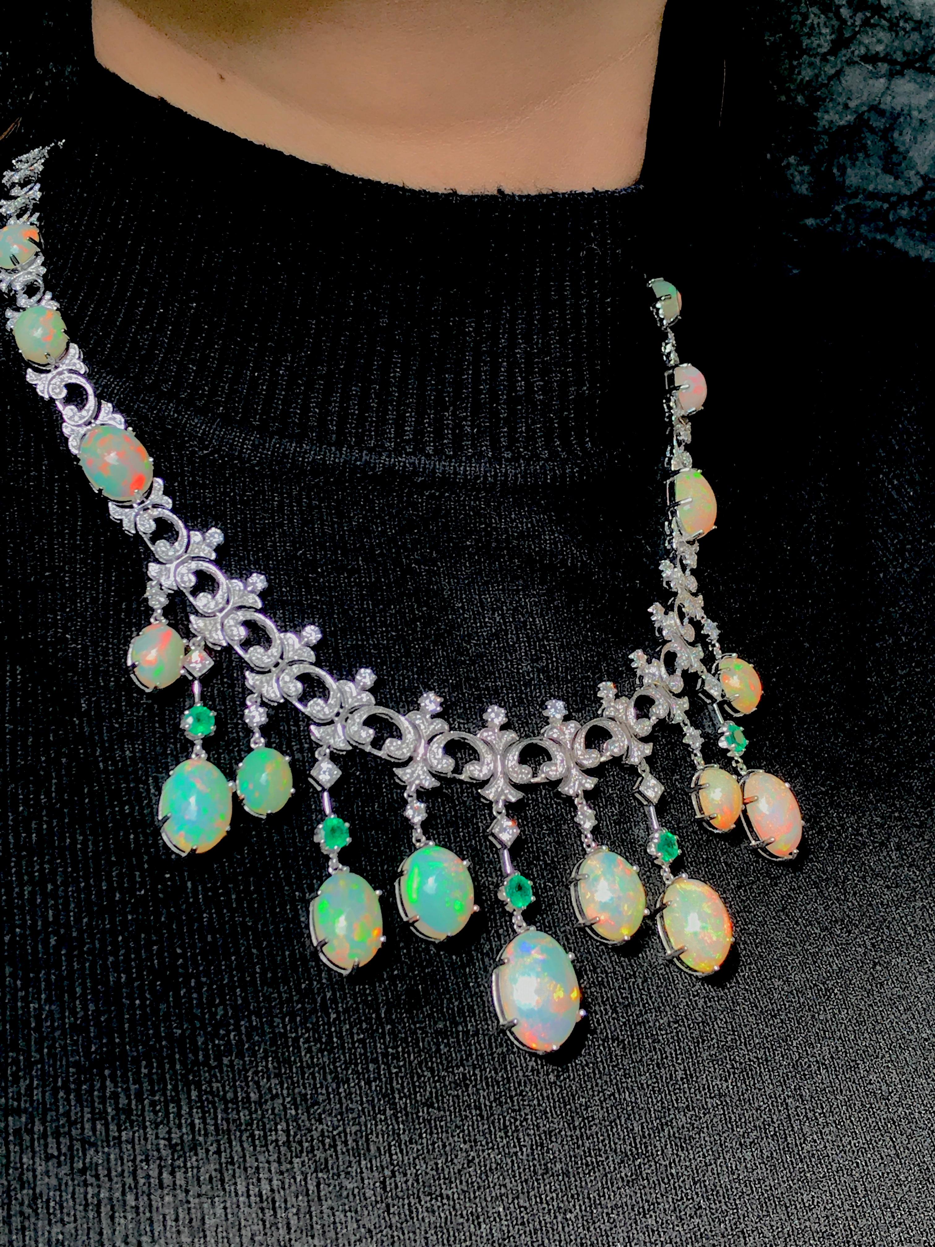 Elegant Ethiopian Opal Emerald Diamond Victorian Style Necklace in 18K Gold 4