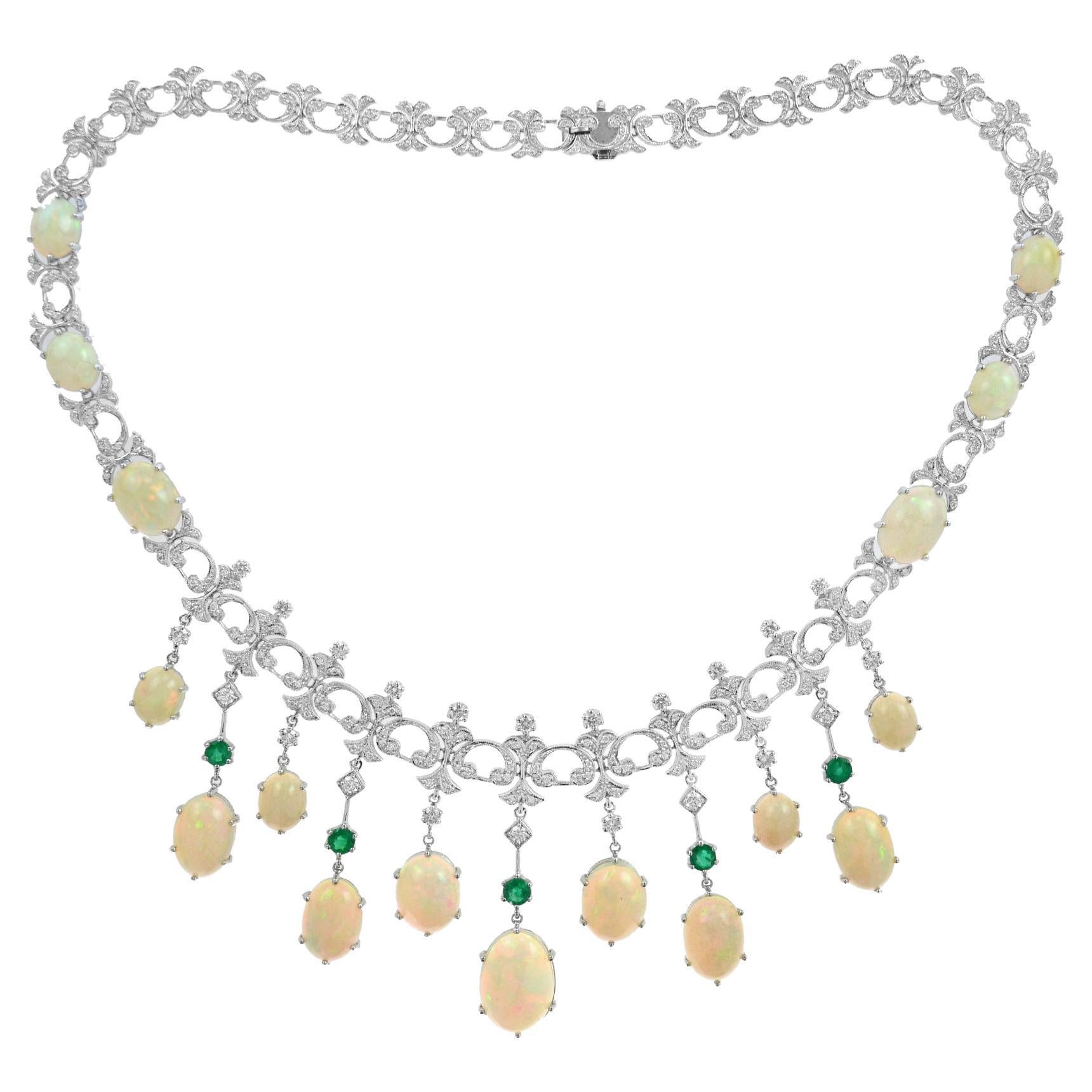 Elegant Ethiopian Opal Emerald Diamond Victorian Style Necklace in 18K Gold
