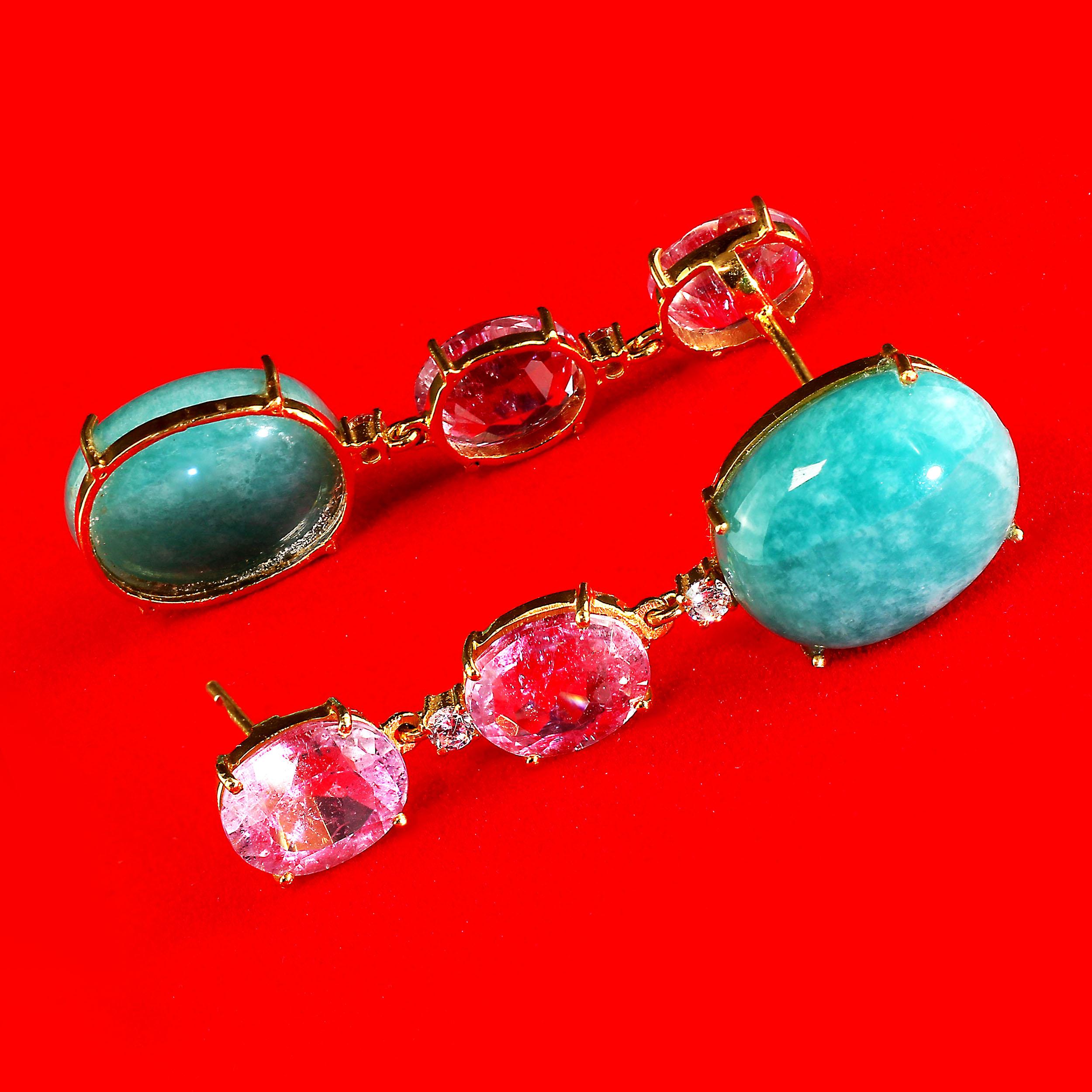 Oval Cut AJD Elegant Evening Dangle Earrings of Kunzite and Amazonite