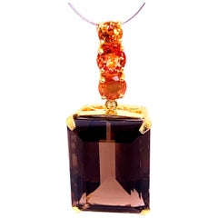 AJD Elegant Evening Pendant of Smoky Quartz and Peachy/Orange Sapphire