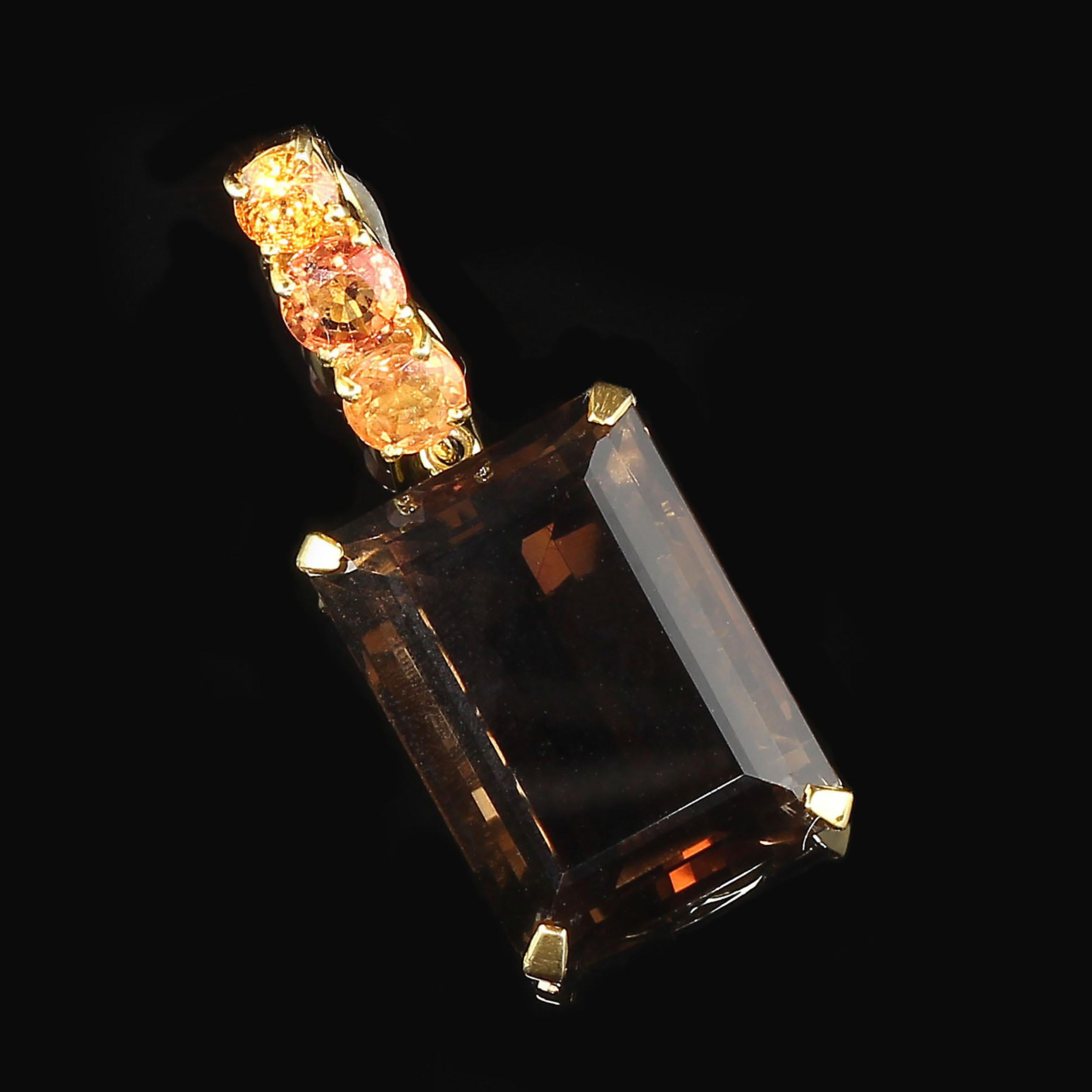 AJD Elegant Evening Pendant of Smoky Quartz and Peachy/Orange Sapphire In New Condition In Raleigh, NC