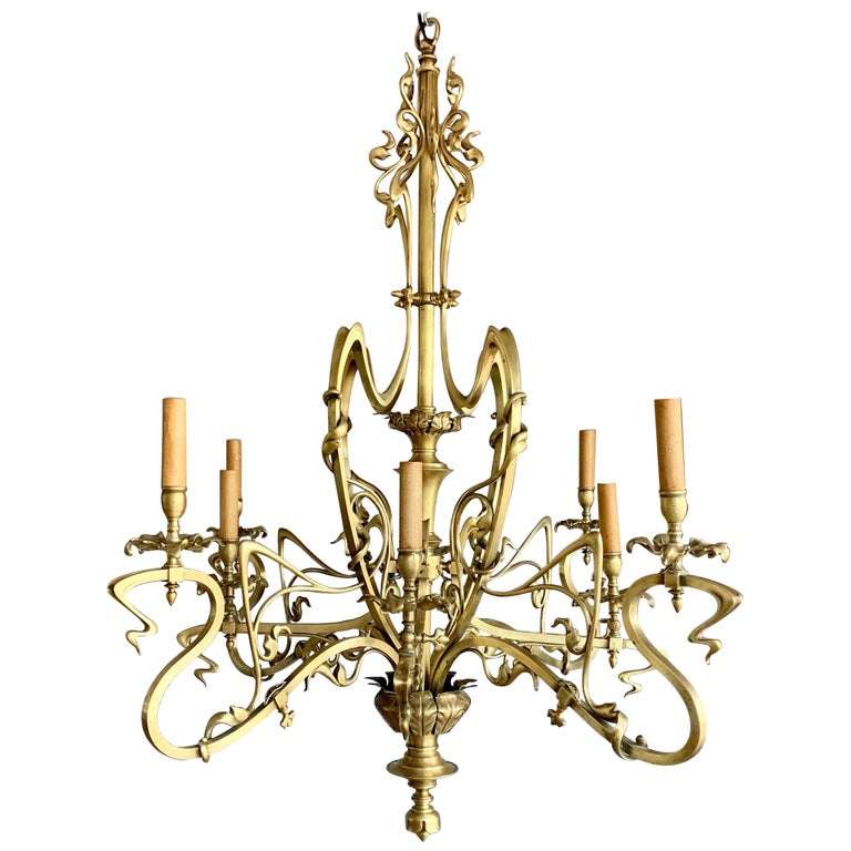 Elegant and Exquisite Bronze and Brass, Electrical 8 Light Art Nouveau