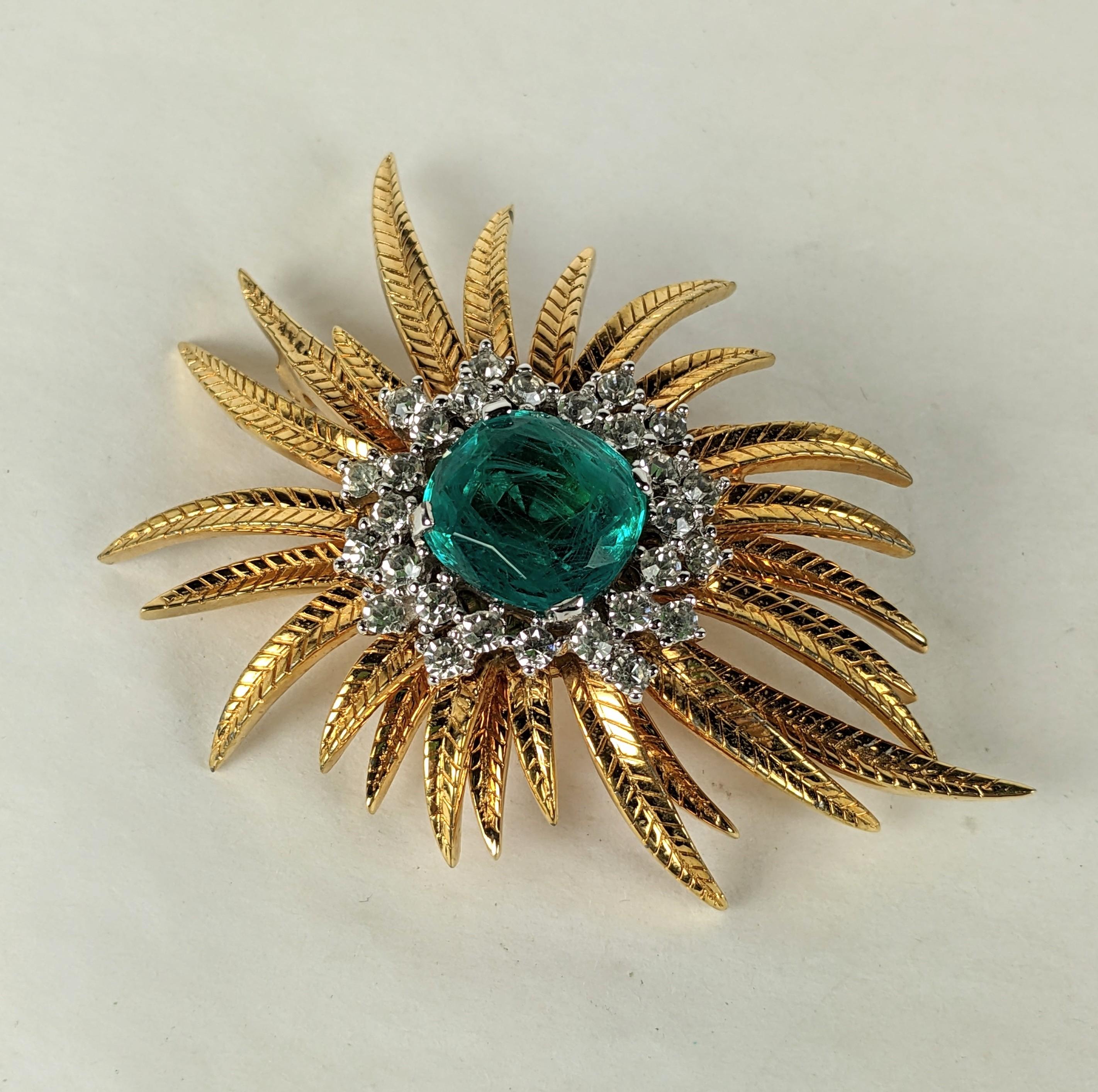 Elegant Faux Emerald and Diamond Plume Brooch from the 1960's in gilt metal. High quality, likely made by Polcini to replicate fine period jewelry. 1960's USA. 
2.75