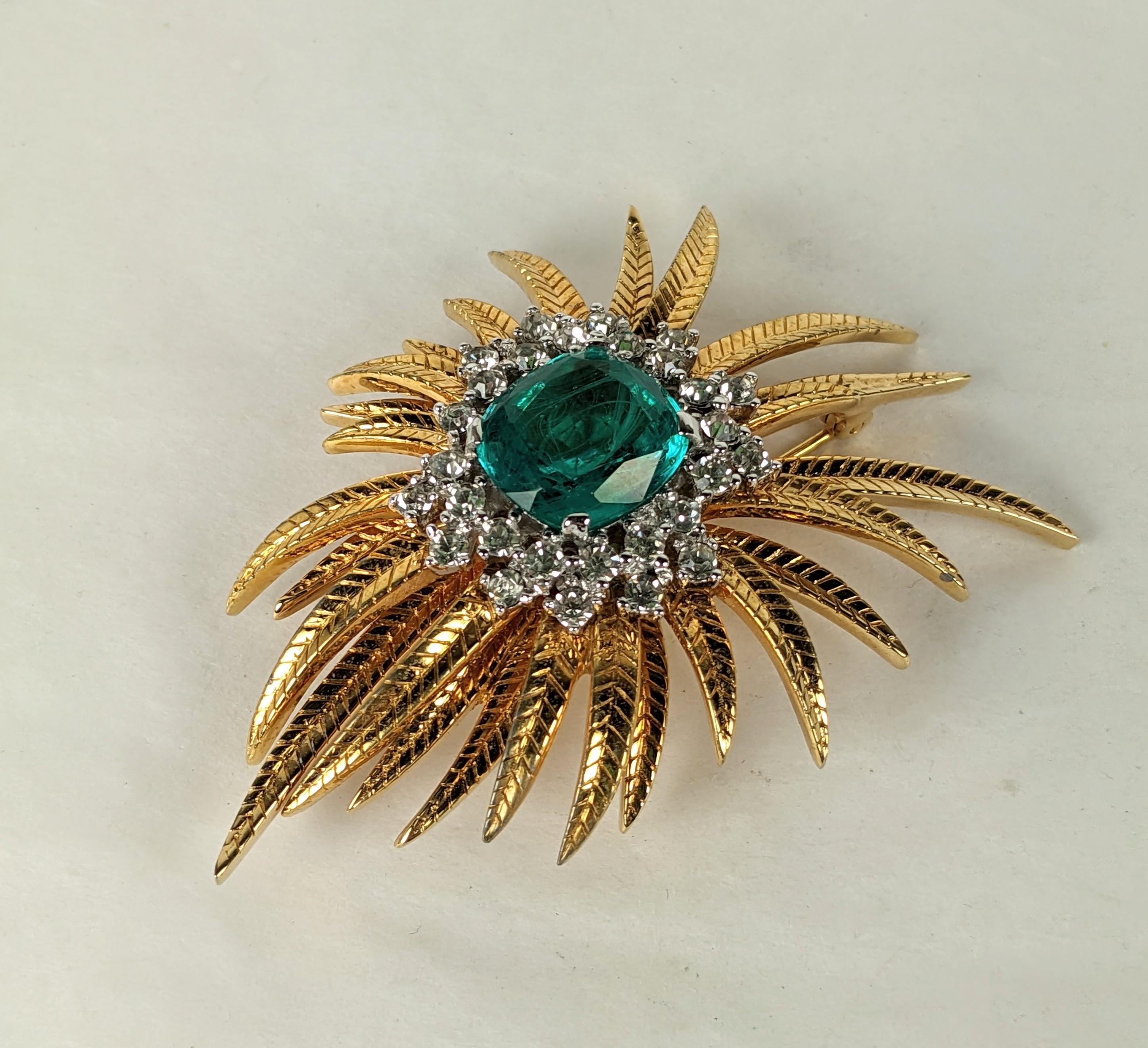 Elegant Faux Emerald and Diamond Plume Brooch In Excellent Condition For Sale In New York, NY