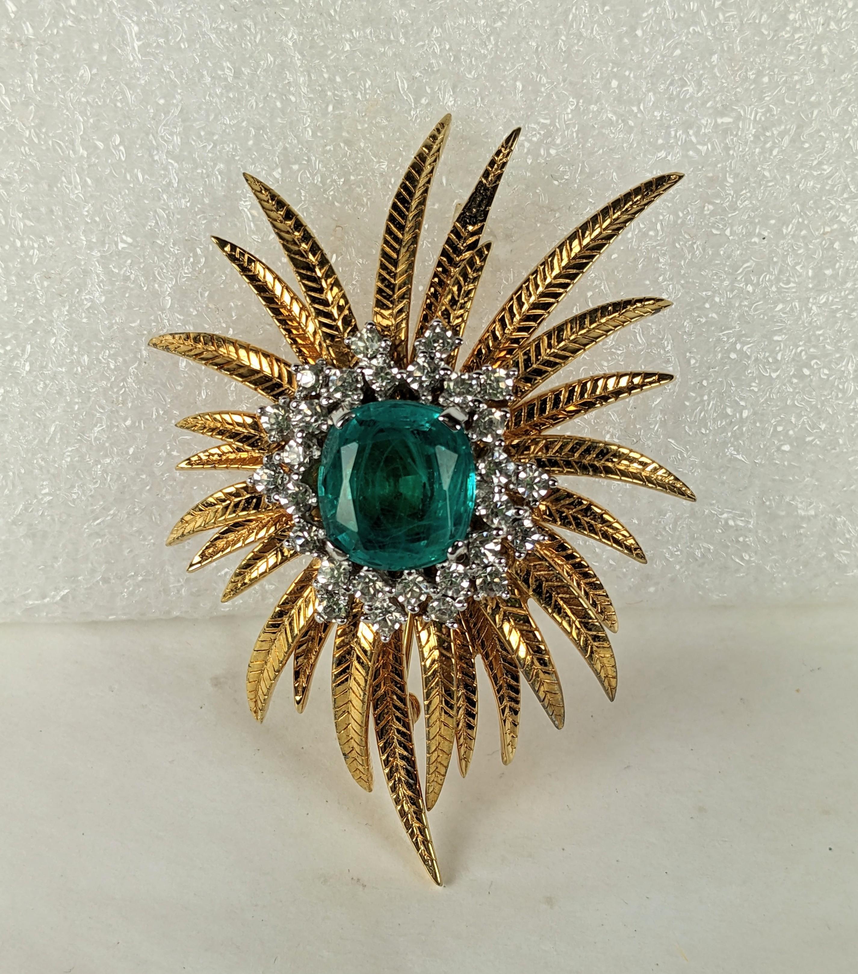 Elegant Faux Emerald and Diamond Plume Brooch For Sale 1