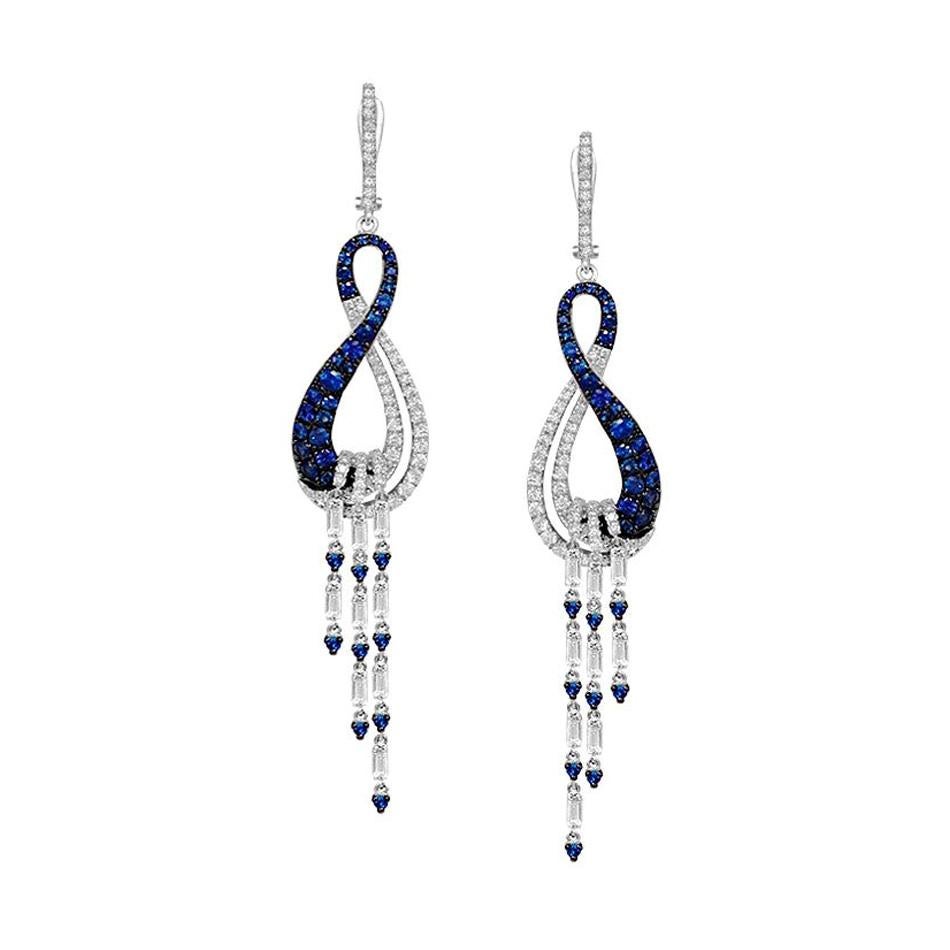 Elegant Fine Jewellery Blue Sapphire Diamond White Gold Modern Earrings For Sale