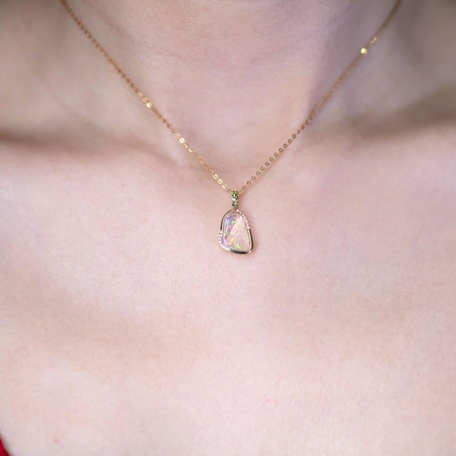 Arts and Crafts Elegant Fire Opal, Diamond Tsavorite Necklace 18K Yellow Gold For Sale