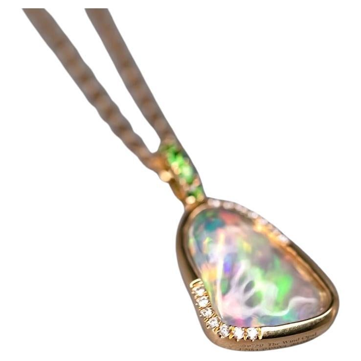 Elegant Fire Opal, Diamond Tsavorite Necklace 18K Yellow Gold