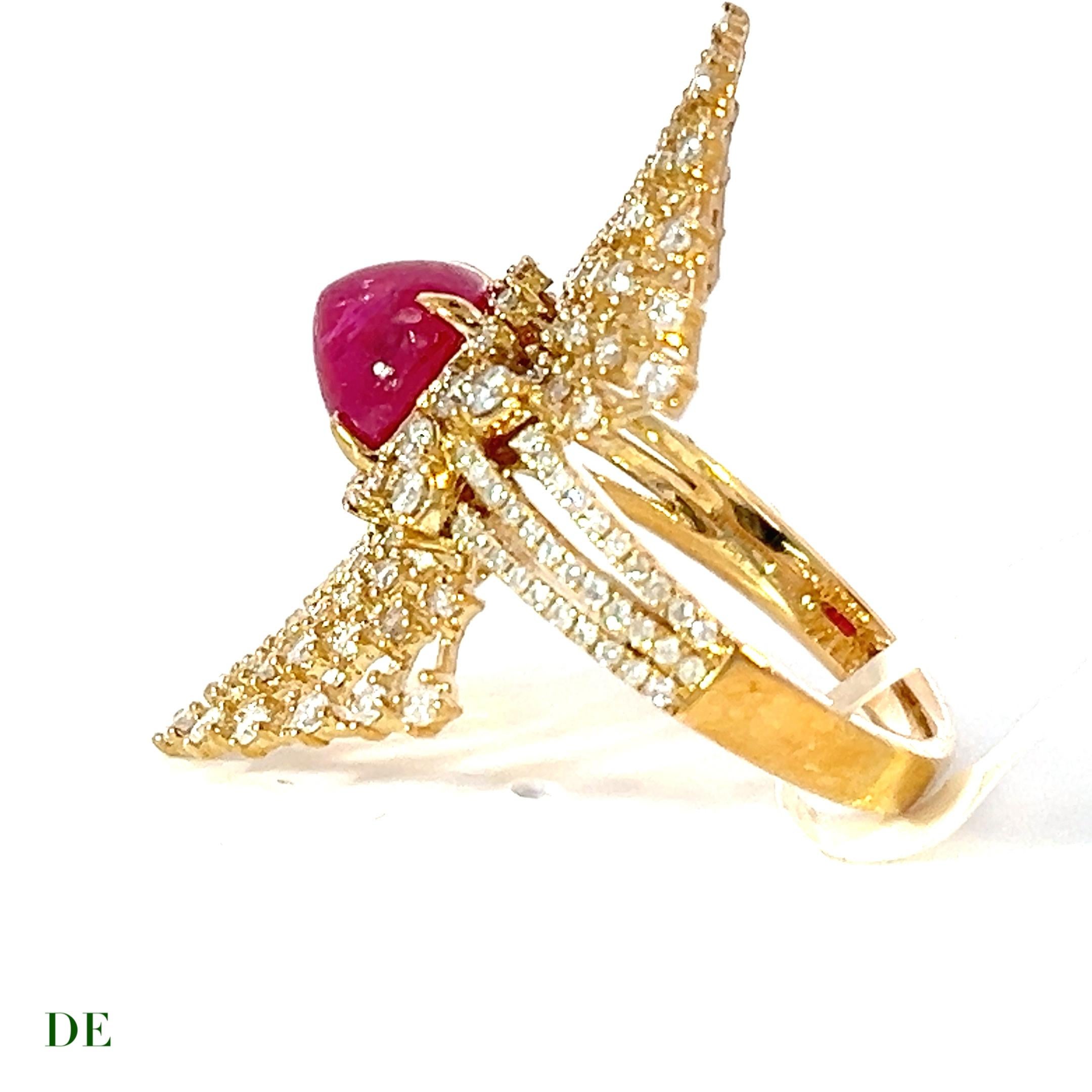 Elegant Firework Natural Cab Vivid Ruby 2.43 ct in 14k 1.17 ct Diamond Band Ring In New Condition For Sale In kowloon, Kowloon