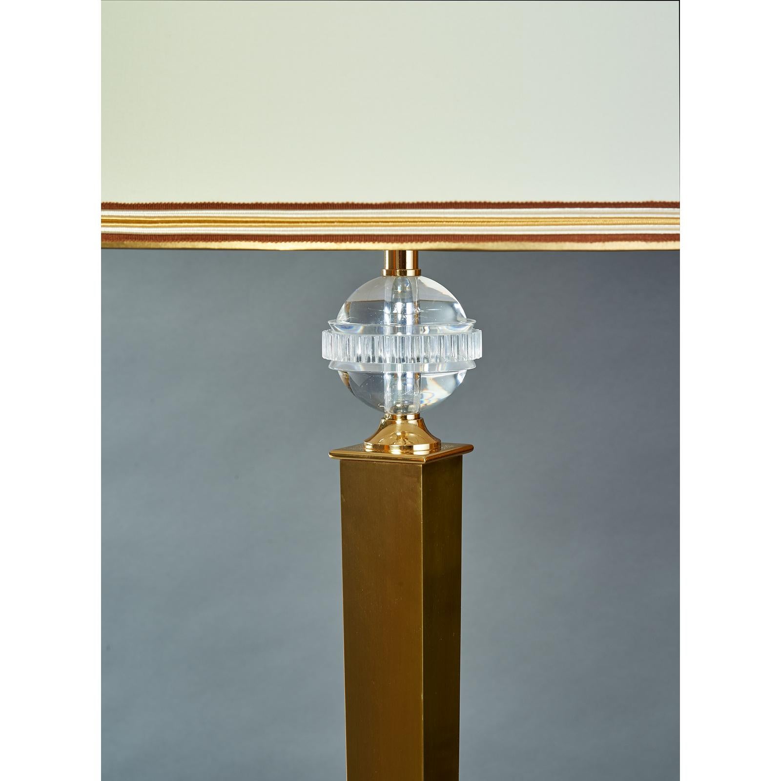 DOMINIQUE
Andre Domin (1883-1962) & Marcel Genevriere (1885-1967).
Exquisite neoclassical floor lamp, with sculptural oxidized bronze finish and polished brass mounts, with sharply tapered shaft and belted perspex globe ornament, France,
