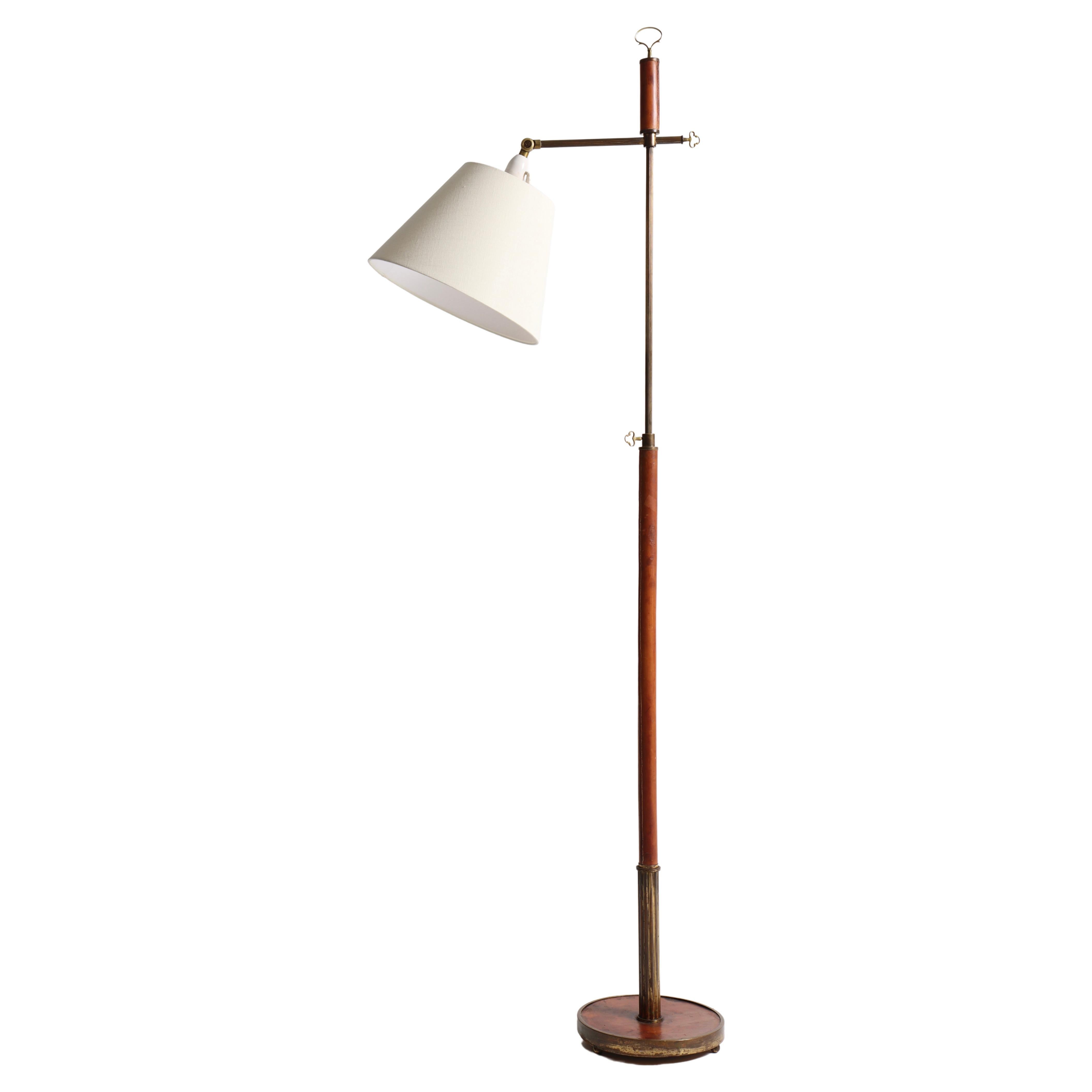 Elegant Floor Lamp in Patinated Brass and Leather, Swedish Modern, 1940s