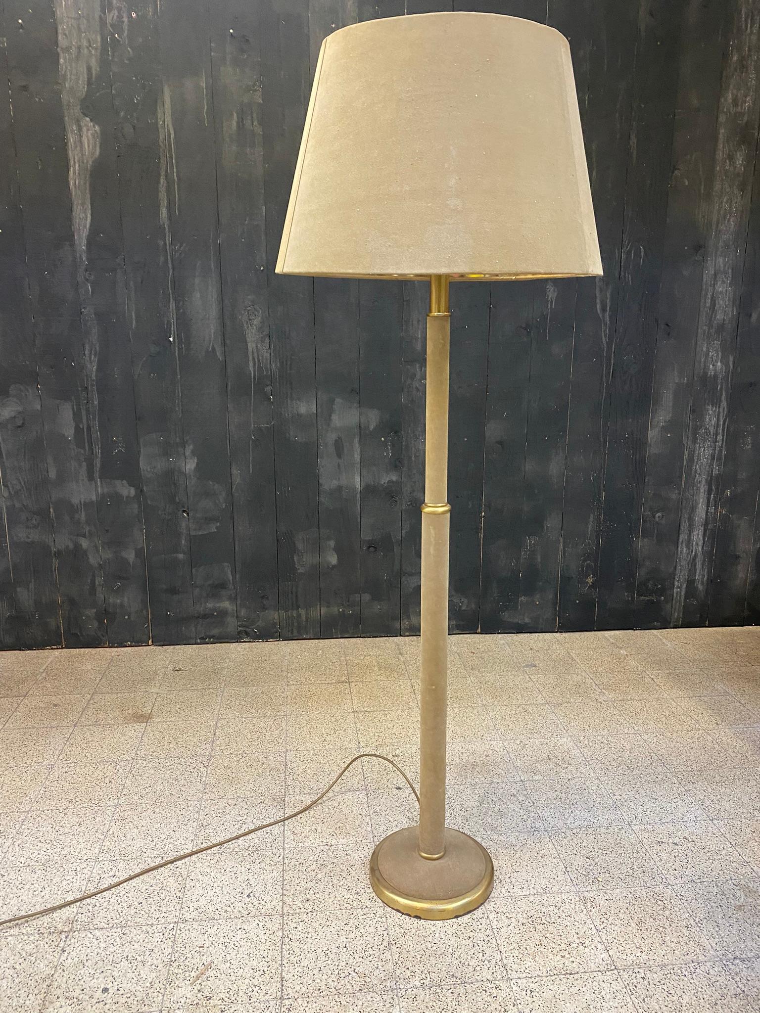European Elegant Floor Lamp in Suede Leather in the Style of Jacques Adnet, circa 1960 For Sale