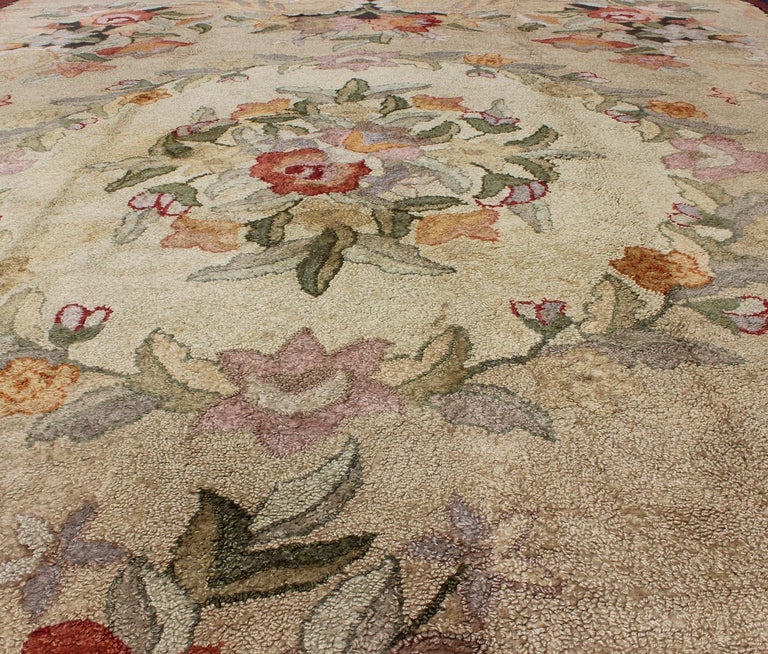 Elegant Floral Antique American Hooked Rug in Cream and MultiColors