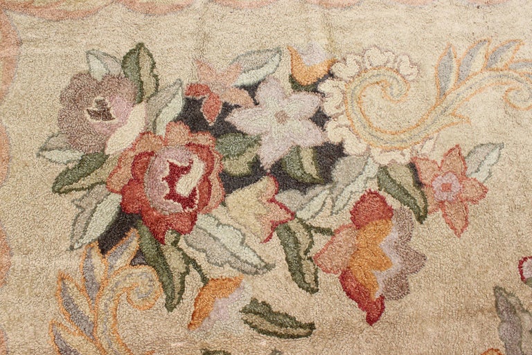 Elegant Floral Antique American Hooked Rug in Cream and MultiColors