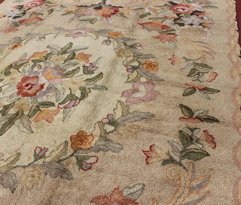 Elegant Floral Antique American Hooked Rug in Cream and MultiColors