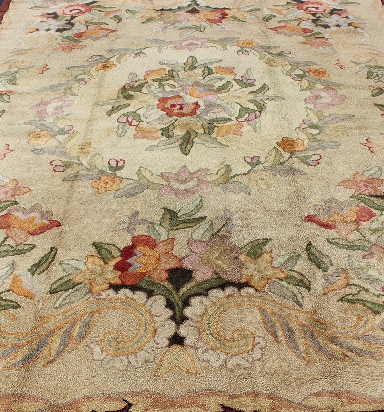 Elegant Floral Antique American Hooked Rug in Cream and MultiColors
