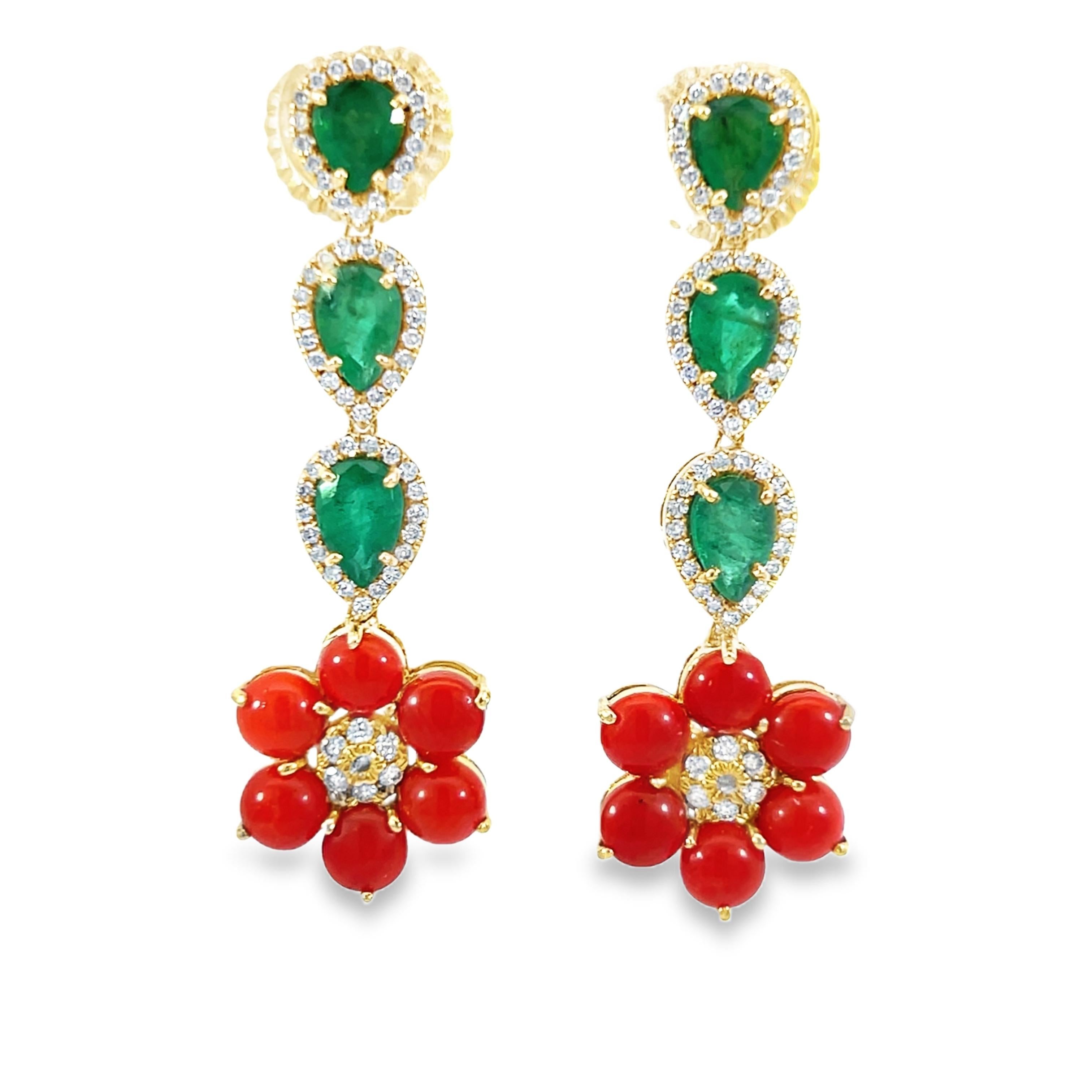 Elegant Floral Coral, Emerald and diamond earring