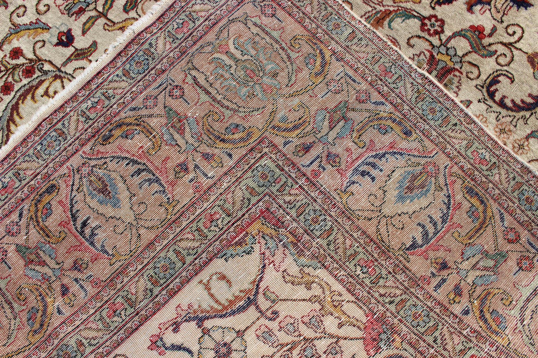 Elegant Floral Design Vintage Persian Tabriz Rug in Colorful Tones 6