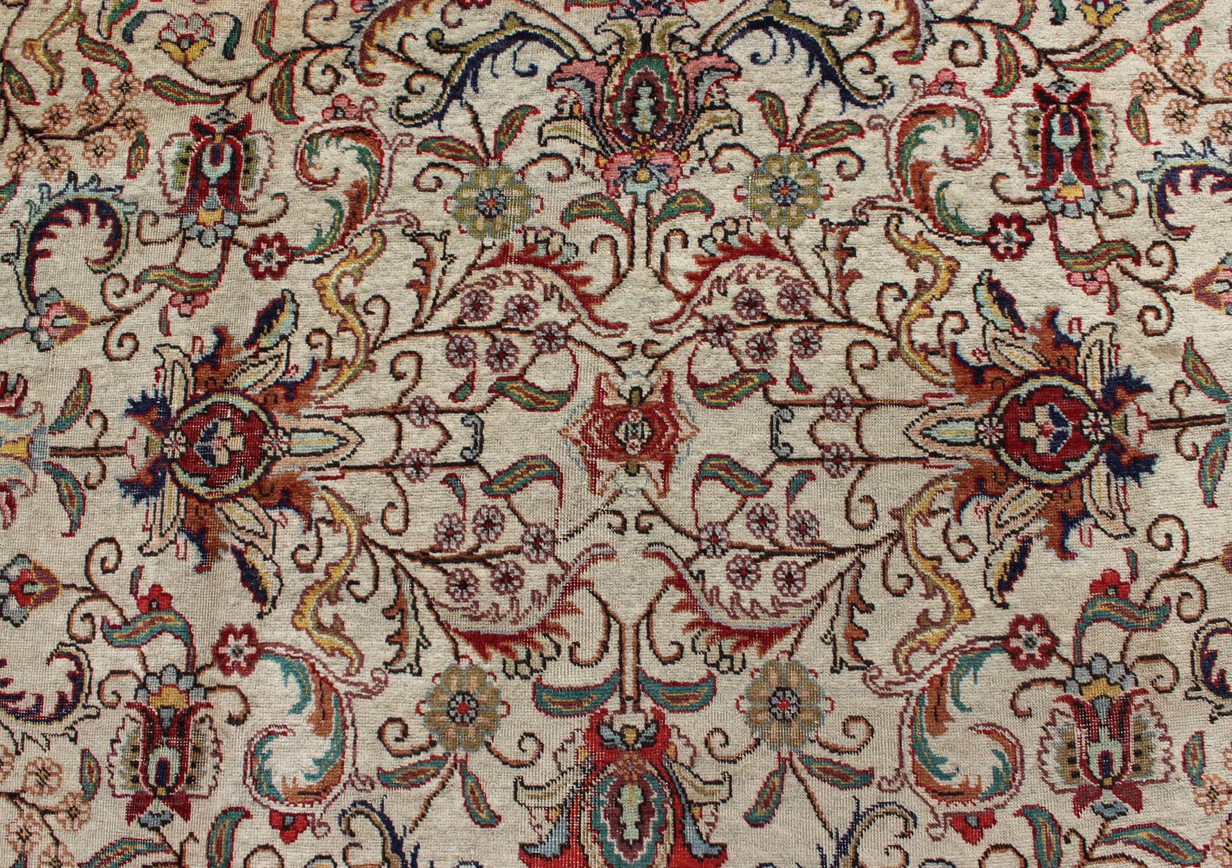 Wool Elegant Floral Design Vintage Persian Tabriz Rug in Colorful Tones