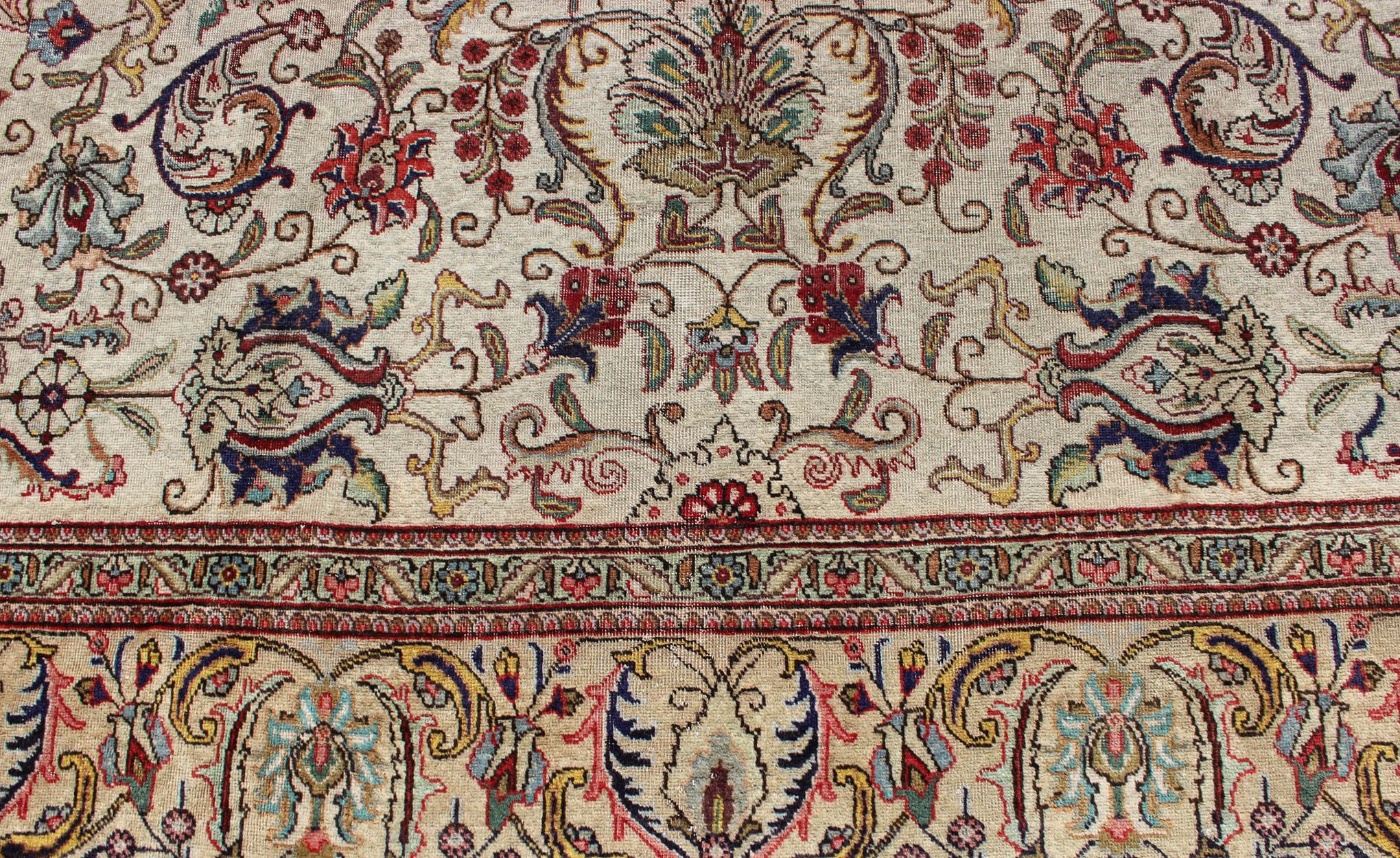 Elegant Floral Design Vintage Persian Tabriz Rug in Colorful Tones 1