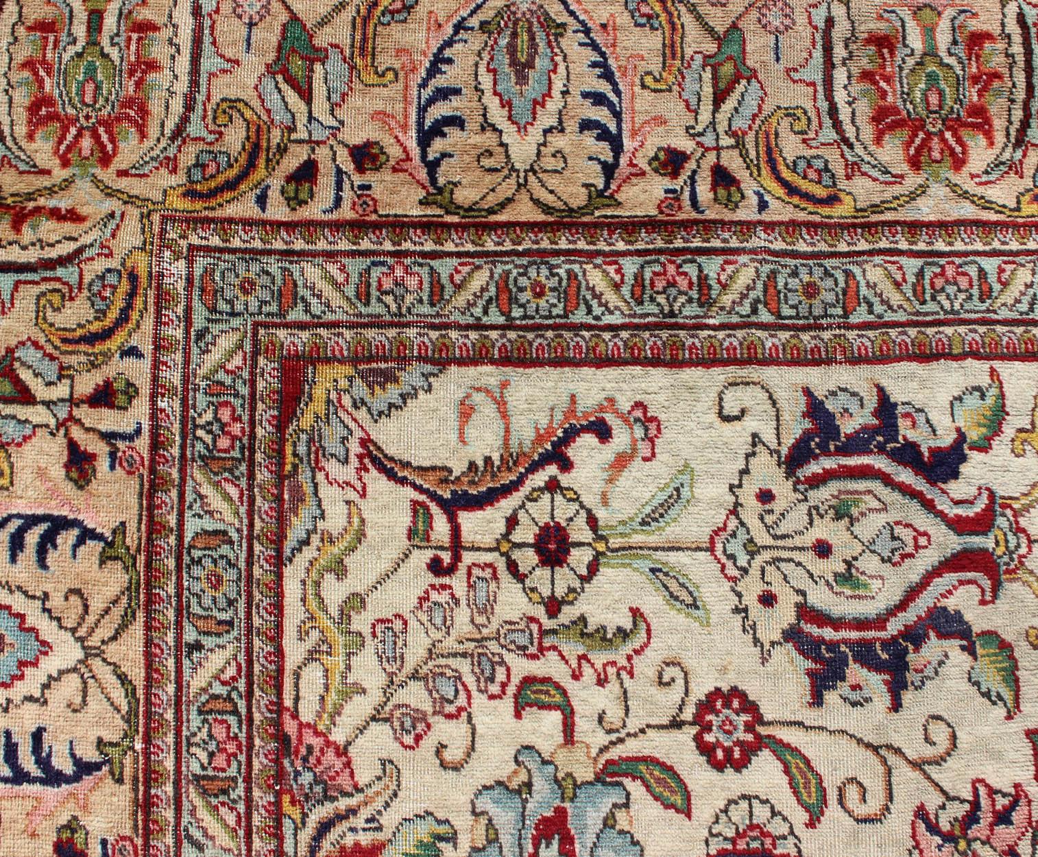Elegant Floral Design Vintage Persian Tabriz Rug in Colorful Tones 2