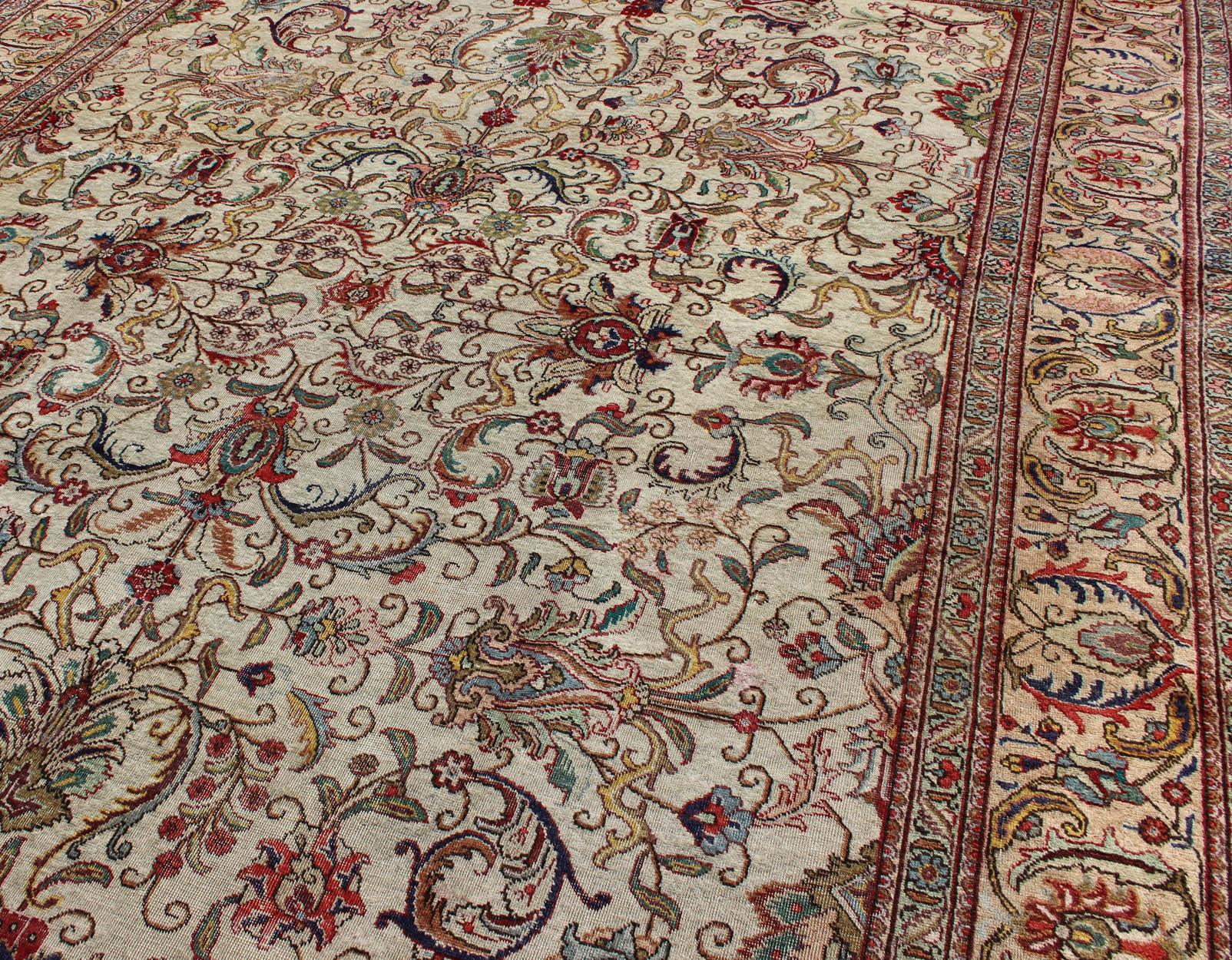 Elegant Floral Design Vintage Persian Tabriz Rug in Colorful Tones 3