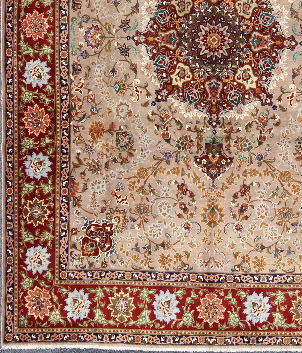 Hand-Knotted Elegant Floral Medallion Design Vintage Persian Tabriz Rug in Colorful Tones For Sale