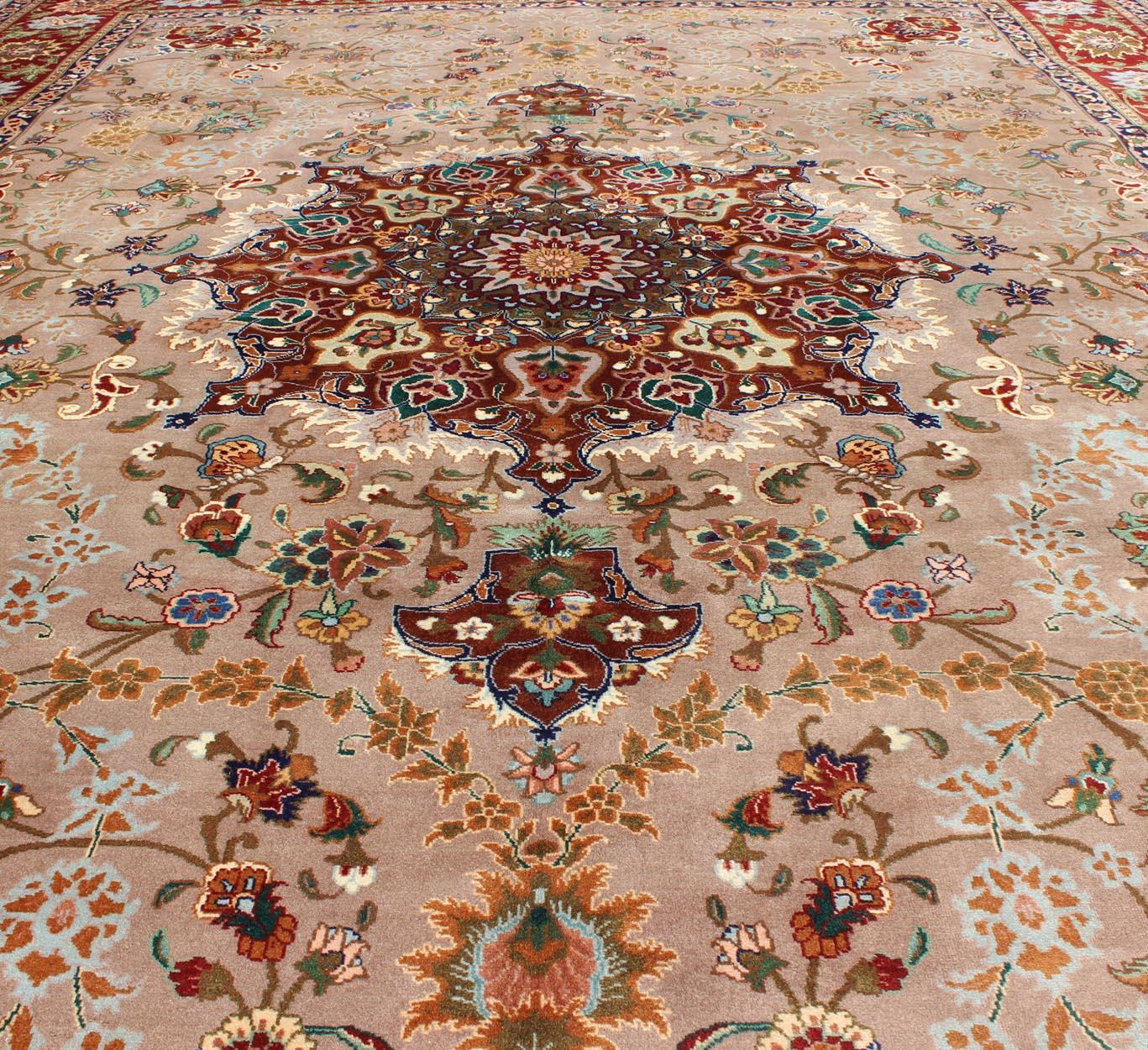 Elegant Floral Medallion Design Vintage Persian Tabriz Rug in Colorful Tones For Sale 1