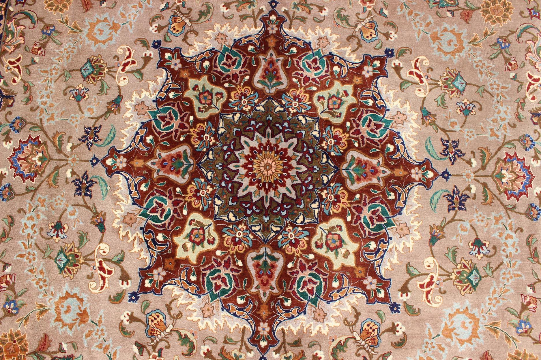 Elegant Floral Medallion Design Vintage Persian Tabriz Rug in Colorful Tones For Sale 2