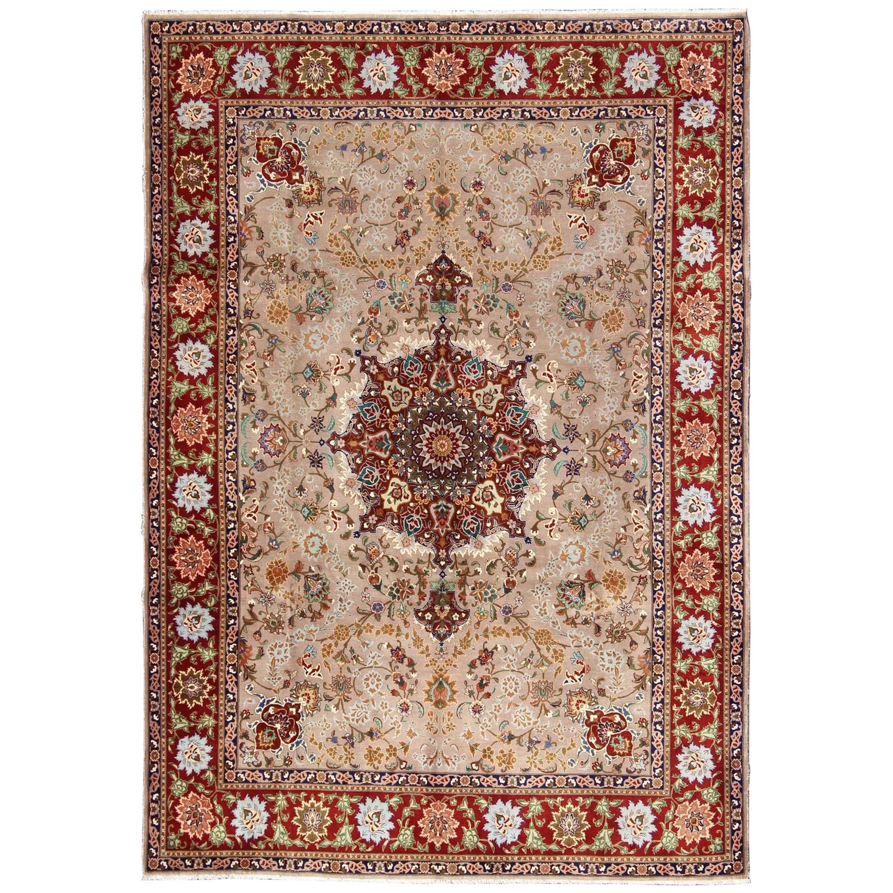 Elegant Floral Medallion Design Vintage Persian Tabriz Rug in Colorful Tones For Sale