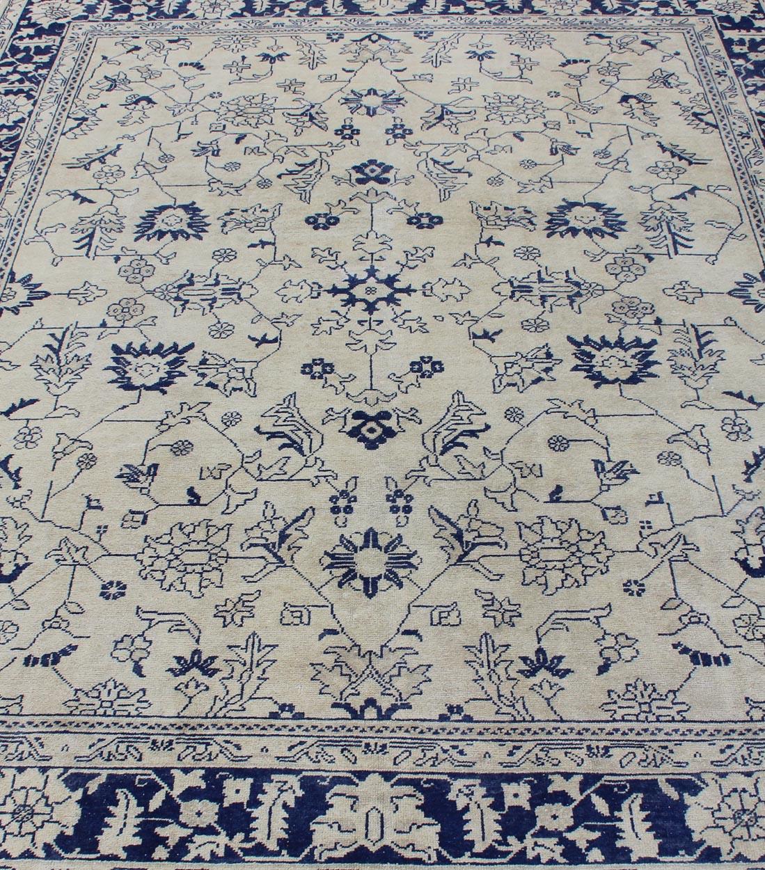 Elegant Floral Vintage Oushak in Blue and Cream with All-Over Design For Sale 2